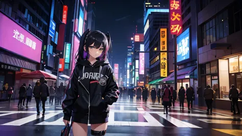 high quality、cyber punk、girl２people、mechanic、comical、anime style etc.、髪のcolorは２color、bike、leather jacket、punk coloring、city、ナイトc...