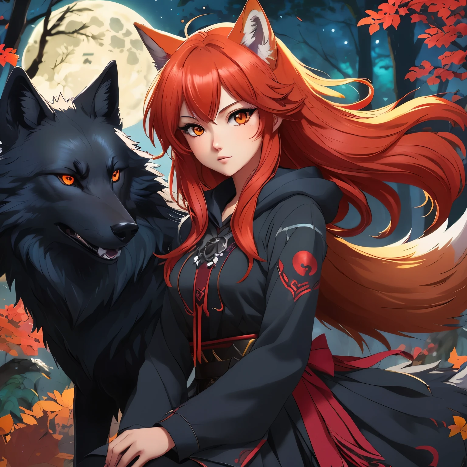 Anime girl with red hair and red eyes sitting next to a wolf - SeaArt AI