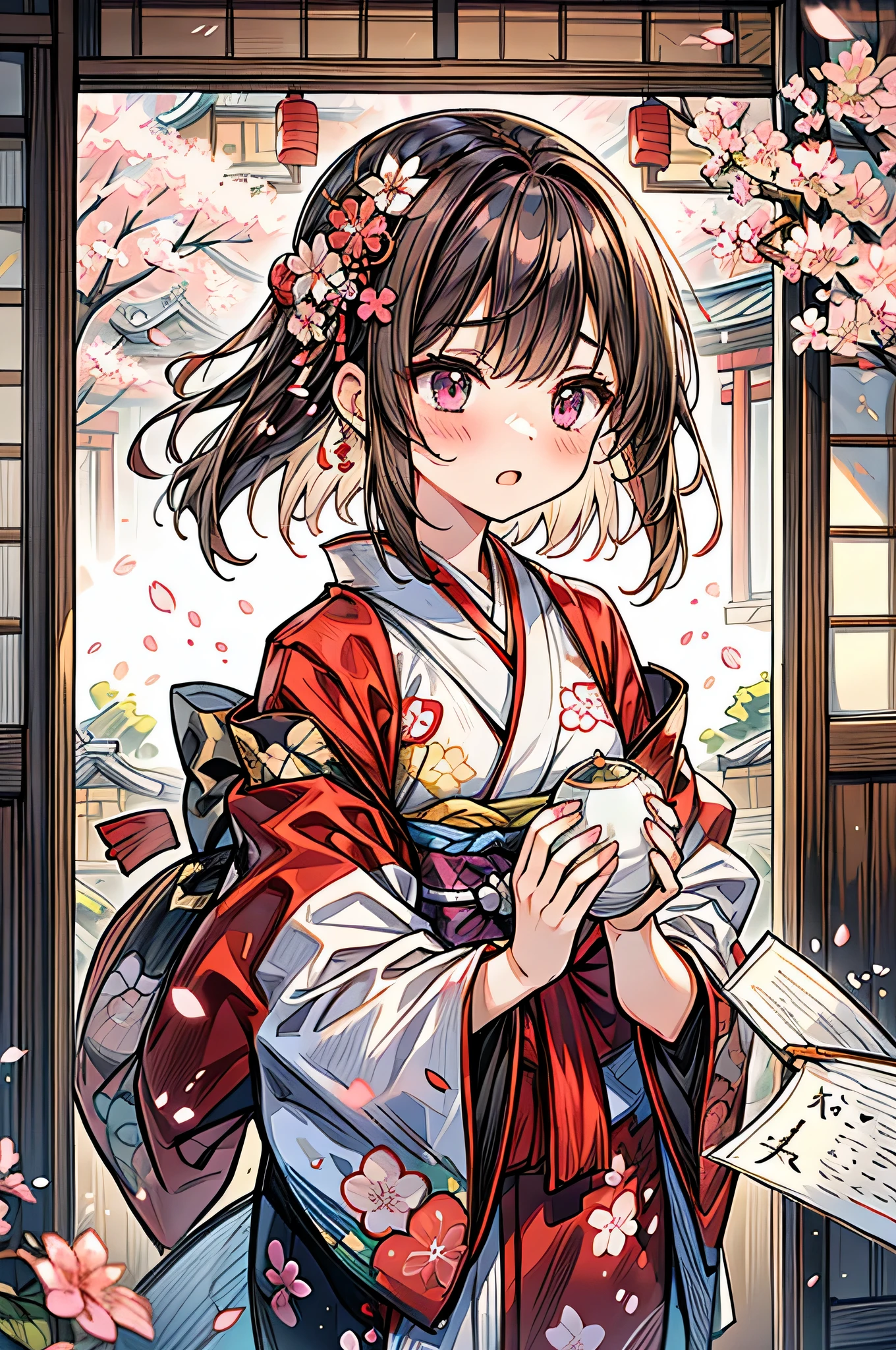 A captivating woman in an intricately embroidered kimono, sakura petals gently falling around her, framed against the backdrop of a traditional Japanese tea house with sliding paper doors and wooden architecture, the air filled with the sweet fragrance of cherry blossoms, embodying the timeless elegance of Japanese culture