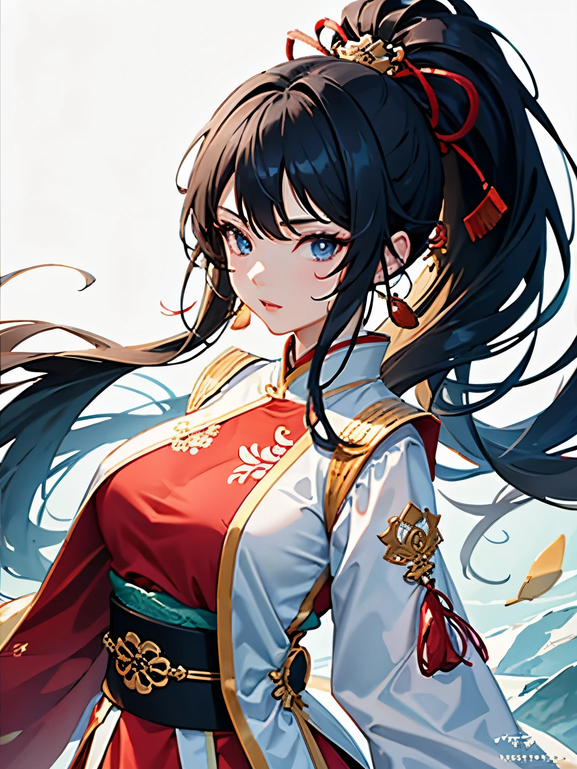girl, ancient chinese costume, whole body, sunlight, aggressive look, ponytail, masterpiece, Super detailed, magnificent composition, ultra hd, high quality, very detailed, official art, uniform 8k wallpaper, Super detailed, 32k、Shiny black hair、blue eyeartial artist costume、Kung Fu stance with lowered back、moving hair、Wind、white and blue costume