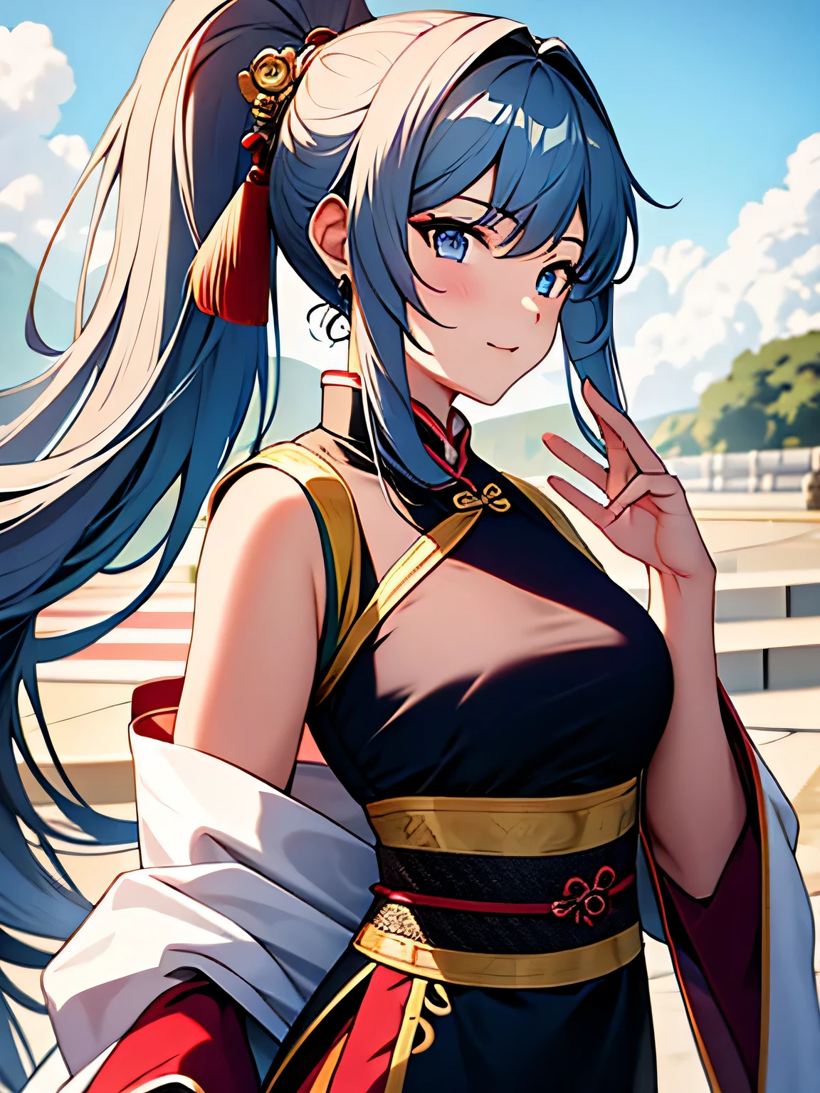 girl, ancient chinese costume, whole body, sunlight, aggressive look, ponytail, masterpiece, Super detailed, great composition, ultra hd, high quality, very detailed, official art, uniform 8k wallpaper, Super detailed, 32k、shiny white hair、blue eyes、Kung Fu stance with lowered back、move hair、Wind、（white and black costume）、hair ornaments