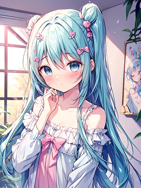 masterpiece, best quality, extremely detailed, (illustration, official art:1.1), shy,1 girl ,(((( light blue long hair)))), ligh...