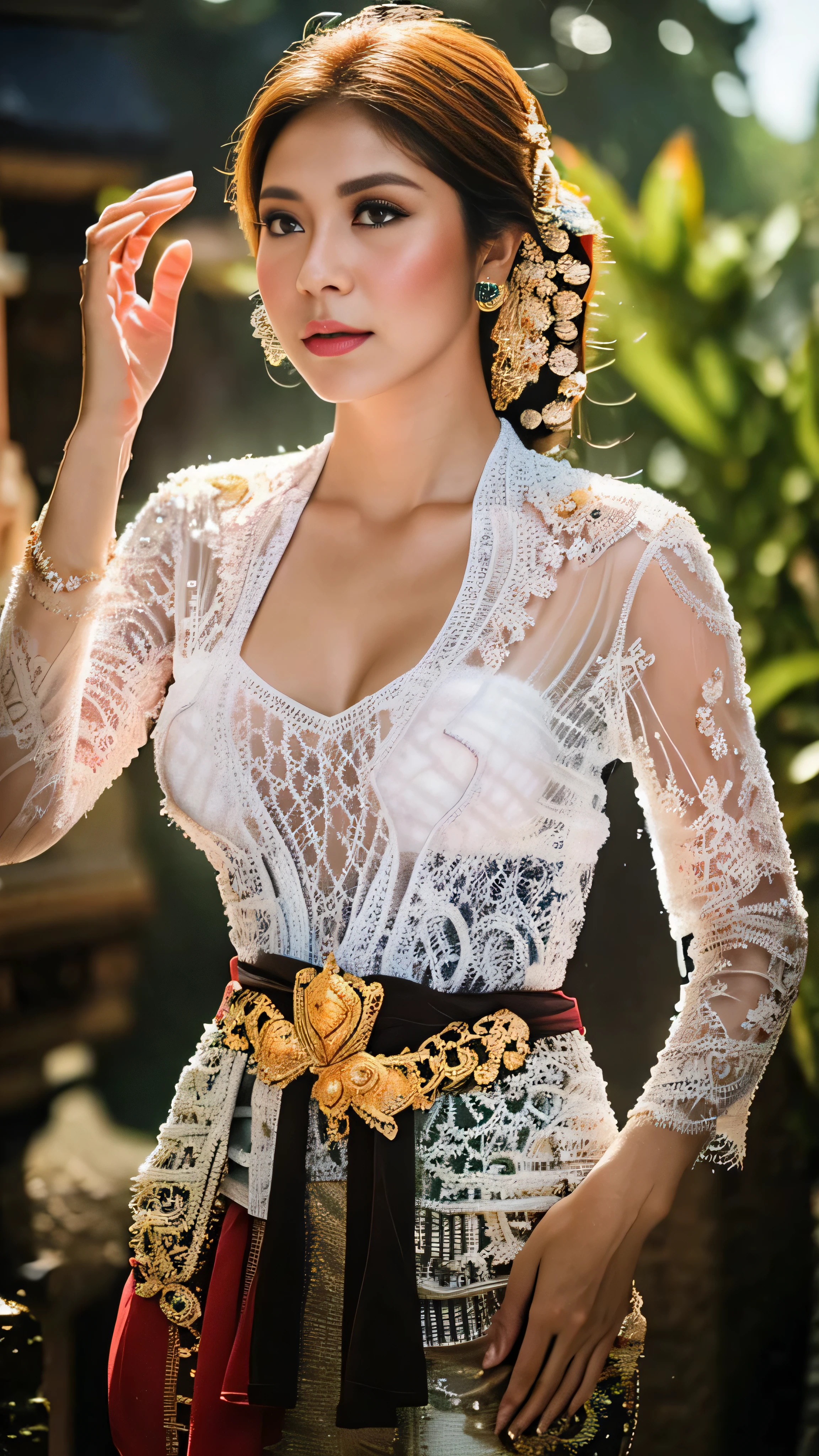 masterpiece, Indonesian woman ,ultra realistic,32k,intricate details, sharp focus, realistic, closed, seductive pose, black eyes, jewelr, lips, realistic, looking_at_viewer, wet skin, shiny skin, SHORT SLEVES, indonesian clothes, bali, balinese, cityscape, transparent dynamic pose,((white kebaya)),(((transparent kebaya))),full body,small breast, flat chest, ((small breasts:1.7)),curvy body,long hair,beauty face,cowboy shot,very small breast, tiny breast