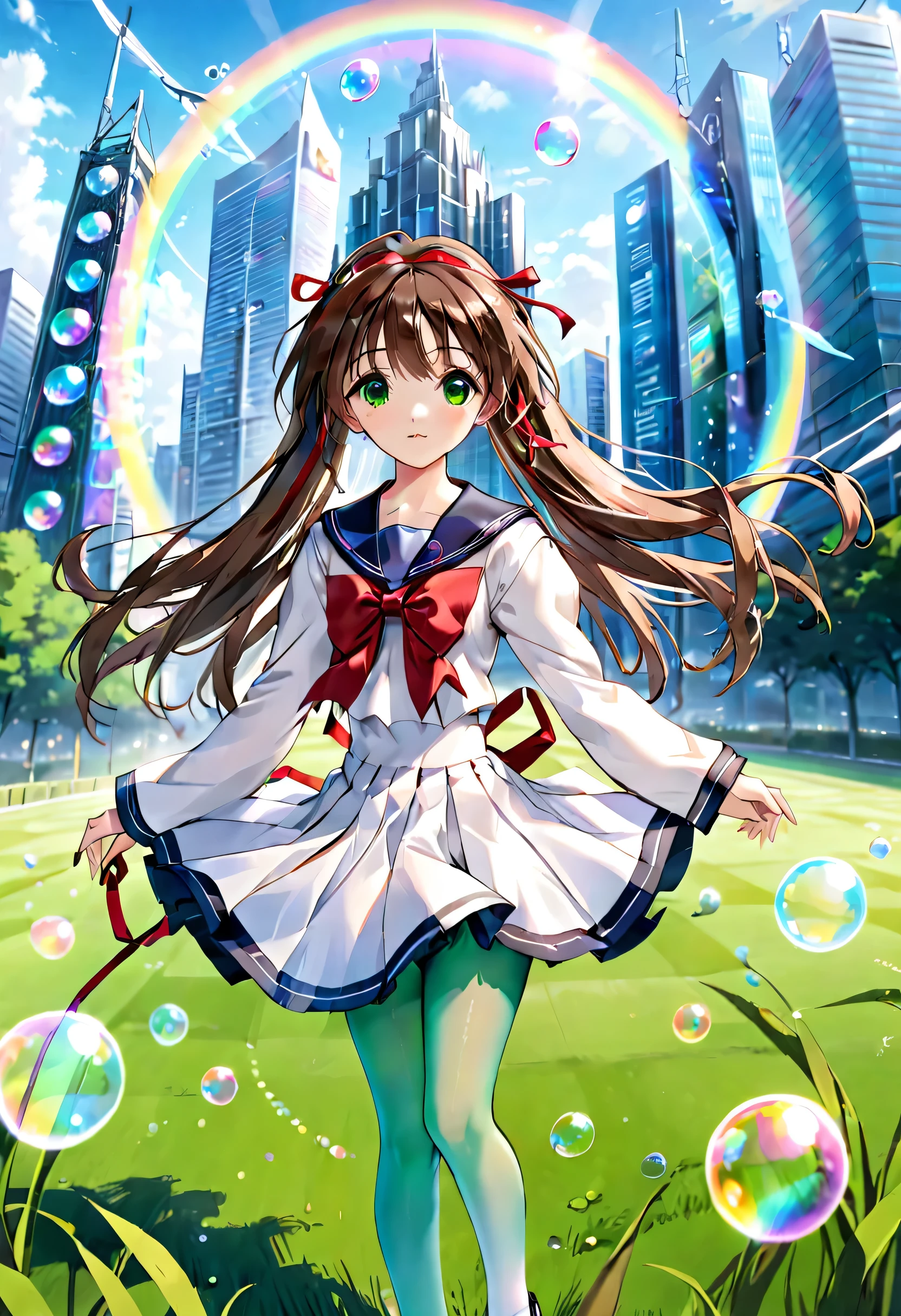 (best quality,4k,highres),ultra-detailed,realistic,portraits, Japaneese school girl, green eyes, long brown hair,anime style,futuristic, Frutiger Aero aesthetic, eco- modernism, bokeh, ribbon headband,small breast,futuristic sailor lolita dress,puffy sleeves,white and blue,colorful lighting, red ribbon, navy blue pantyhose, school shoes, school bag, school crest, floating bubbles, standing in a green field with futuristic skyscrapers in the background, tertiary colors, highly detailed, 4K.