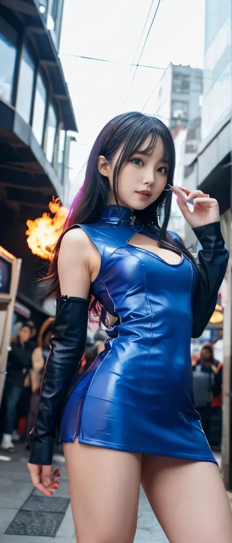 fantasy flame girl night、whole body、good style、、、、、、blue armor mini dress、neat and clean idol face、cyberpunk city、has a blazing ...