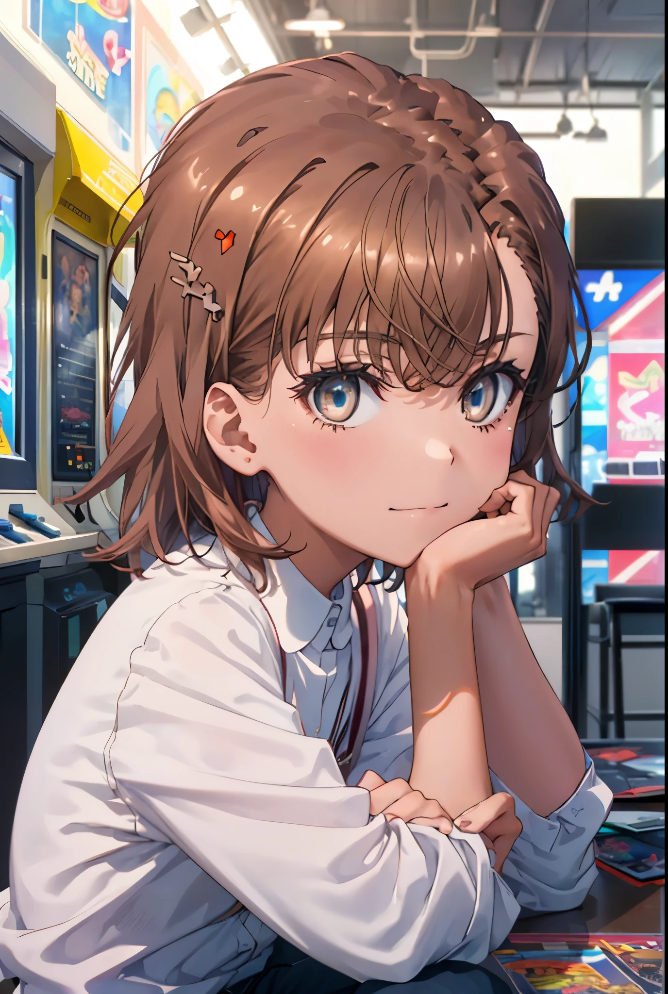 8K,highest quality,masterpiece,(((pixel perfect, Perfect in every detail))), alone, 1 girl, Micotorose, brown eyes,brown hair,short hair,tokiwadai , bow, looking at the viewer, crossed arms, closed mouth, Upper body,smile,sitting Chair, game_center, scenery, arcade cabinet, Chair, poster (object), indoor ,s4g4m1,(masterpiece:1.2), highest quality, High resolution, unity 8K wallpaper, (shape:0.8), (beautiful and detailed eyes:1.6), highly detailed face, perfect lighting, Very detailed CG, (perfect hands, perfect anatomy),