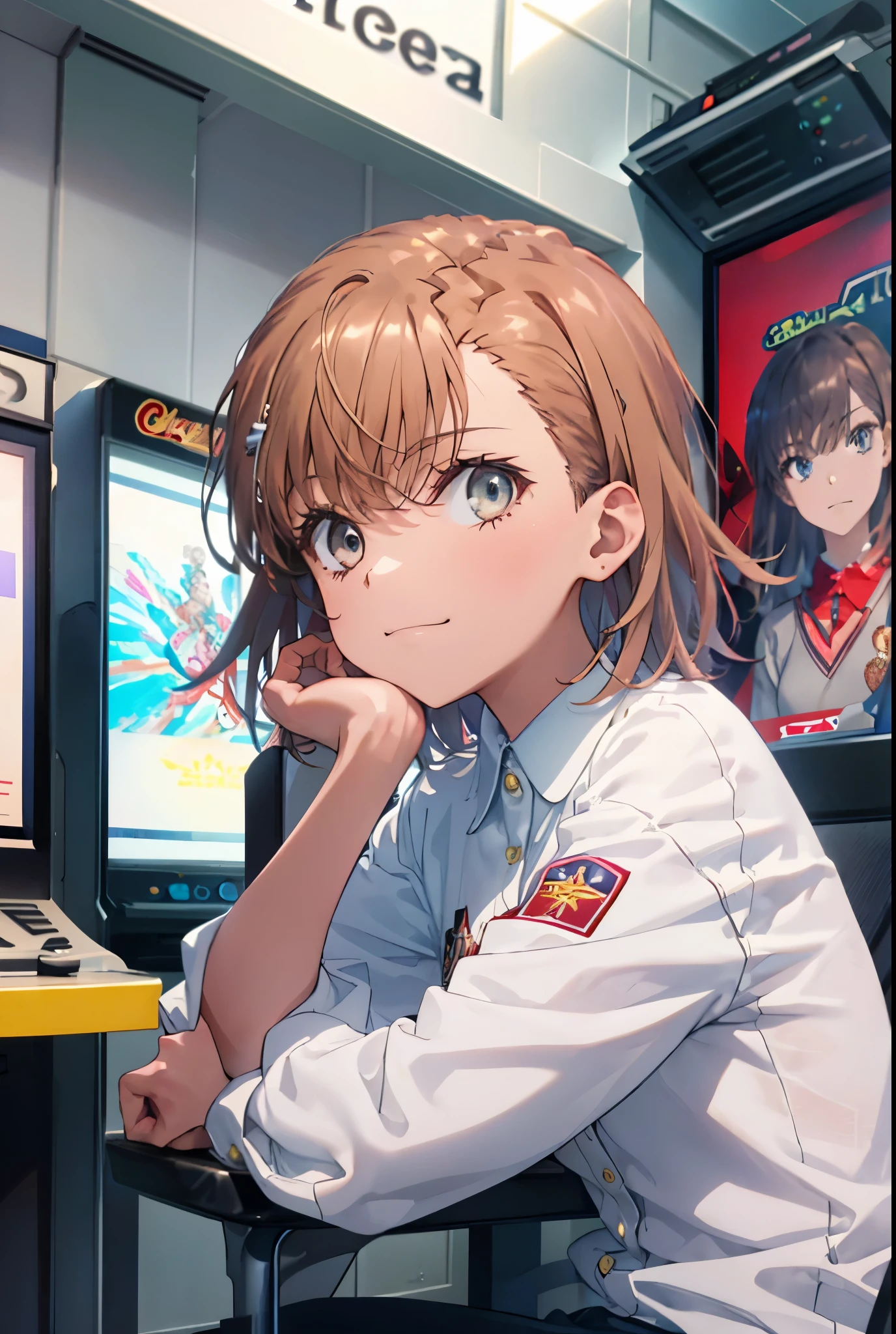 8K,highest quality,masterpiece,(((pixel perfect, Perfect in every detail))), alone, 1 girl, Micotorose, brown eyes,brown hair,short hair,tokiwadai , bow, looking at the viewer, crossed arms, closed mouth, Upper body,smile,sitting Chair, game_center, scenery, arcade cabinet, Chair, poster (object), indoor ,s4g4m1,(masterpiece:1.2), highest quality, High resolution, unity 8K wallpaper, (shape:0.8), (beautiful and detailed eyes:1.6), highly detailed face, perfect lighting, Very detailed CG, (perfect hands, perfect anatomy),