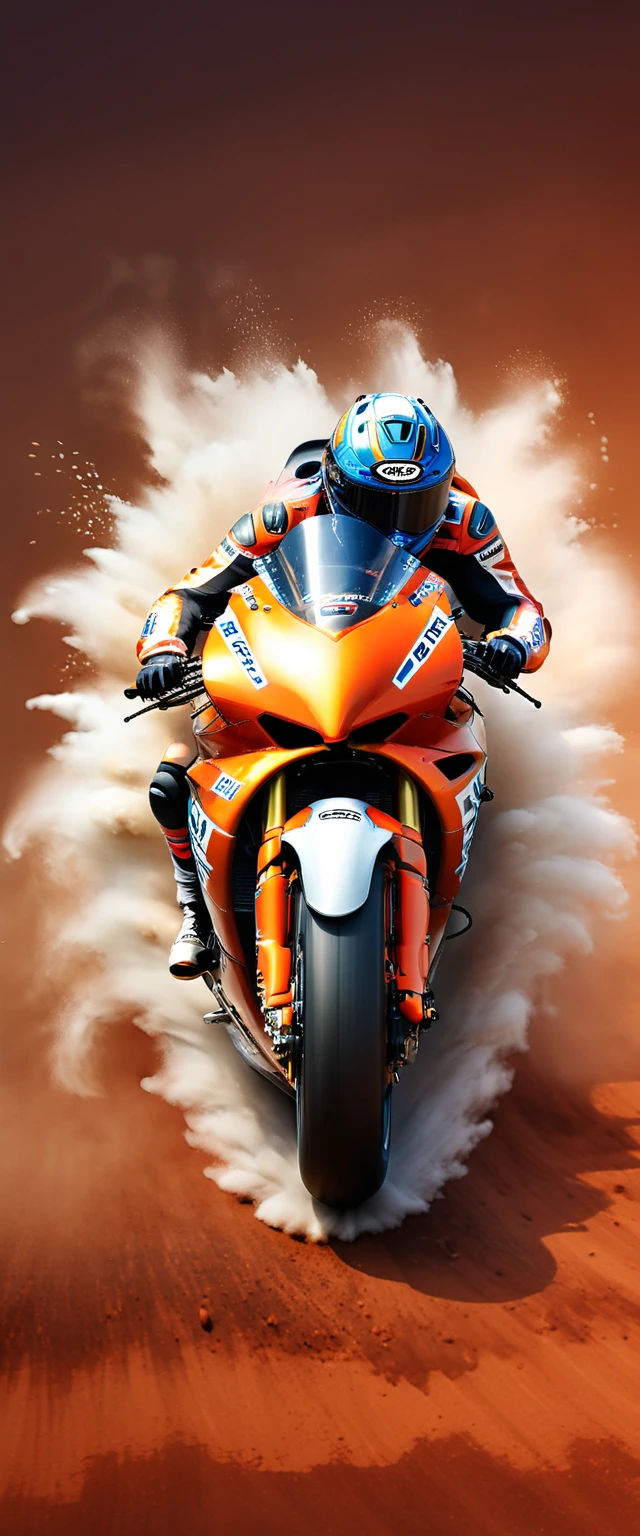 This is a photo composite.double contact.There is a cool motorcycle racing car，The background is shaped by a running wolf。Presentation of speed racing。The background of the picture is in a watercolor style with dark orange gradient，minimalist design。The bottom is equipped with the words &quot;PORSCHE&quot;。Picture quality HD.(best quality,4k,8k,high resolution,masterpiece:1.2),Super detailed,(actual,photoactual,photo-actual:1.37),