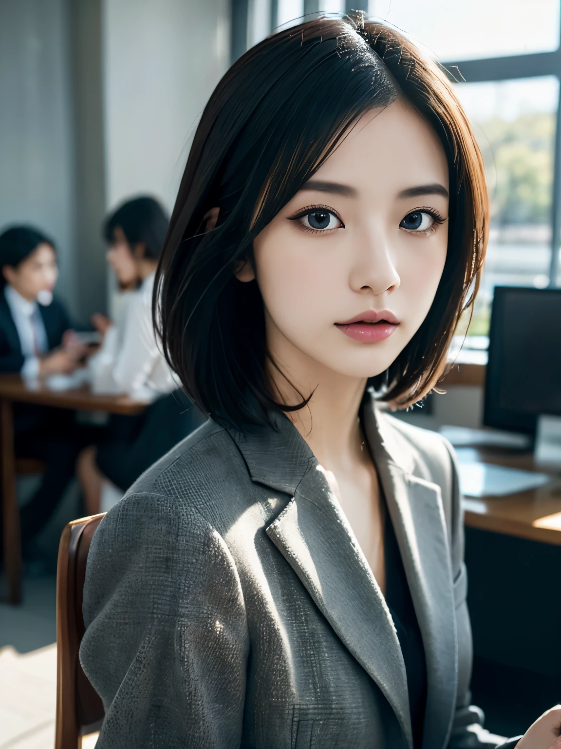 High resolution, Realistic portrait of professional Japan office lady with perfect skin，short hair、Professional Suit，ladies suits，standing posture，Upper body，woman at work，Show confidence and maturity, Surrounded by a modern corporate environment, Highlights illuminated by vivid natural light. The artwork should highlight her elegant facial features,Fluttering eyelashes and seductive lips. The scene should be enhanced with elements of professionalism and visual appeal，for example, stylish work desk, mainframe computer, High resolutionolution display, and complicated stationery. overall tone is warm、must be professional, A soft and natural color palette. Artwork must exude professionalism, success, and cultural pride，The background is blurred