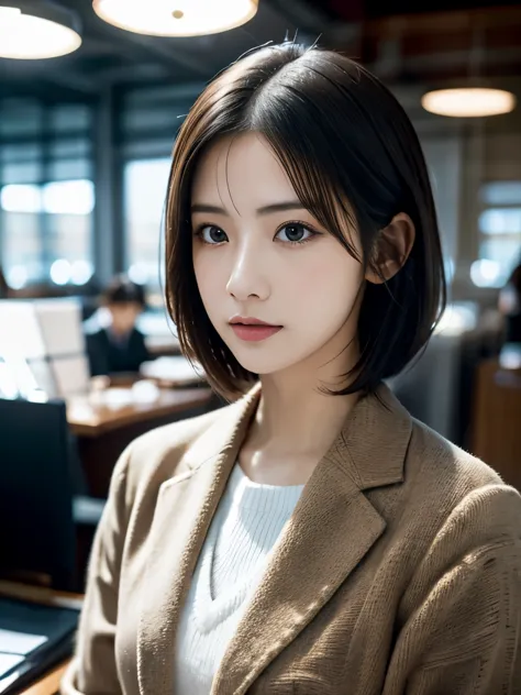 high resolution, realistic portrait of professional japan office lady with perfect skin，short hair、professional suit，ladies suit...