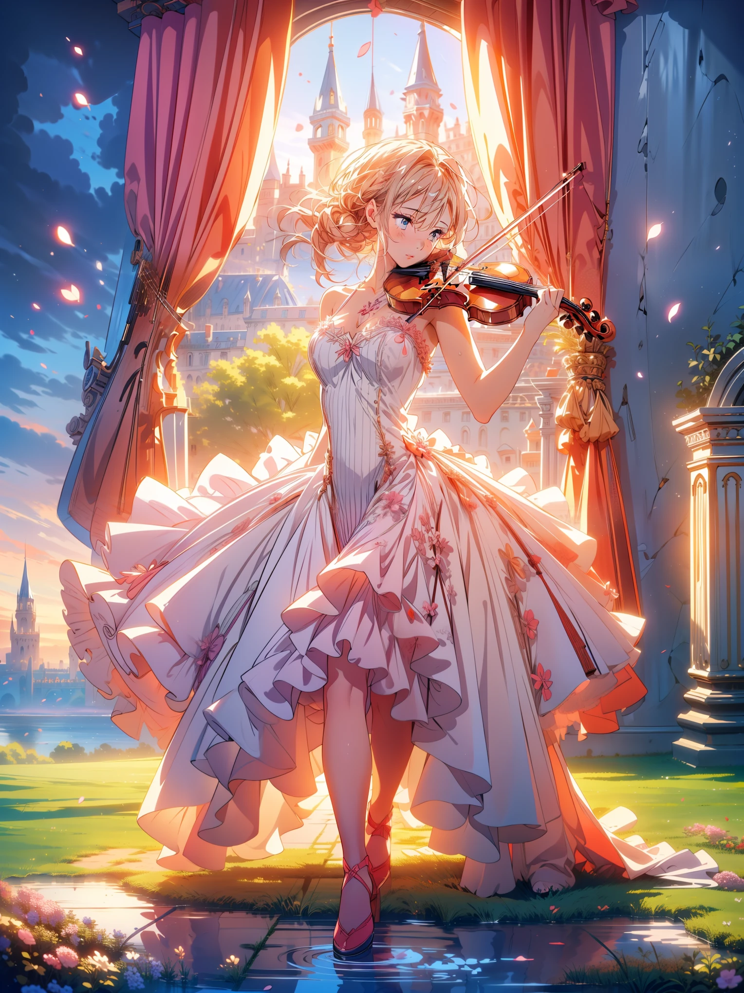 (A girl in a dress is in the air:1.3), play the violin, (wide shot, wide angle lens,panorama:1.2),super view, Ultra wide angle low angle shooting, 超wide angle lens, Castle background violin bare shoulders petals pink dress blurred foreground from below 
(full body:1.5),(long legs:1.3), 
