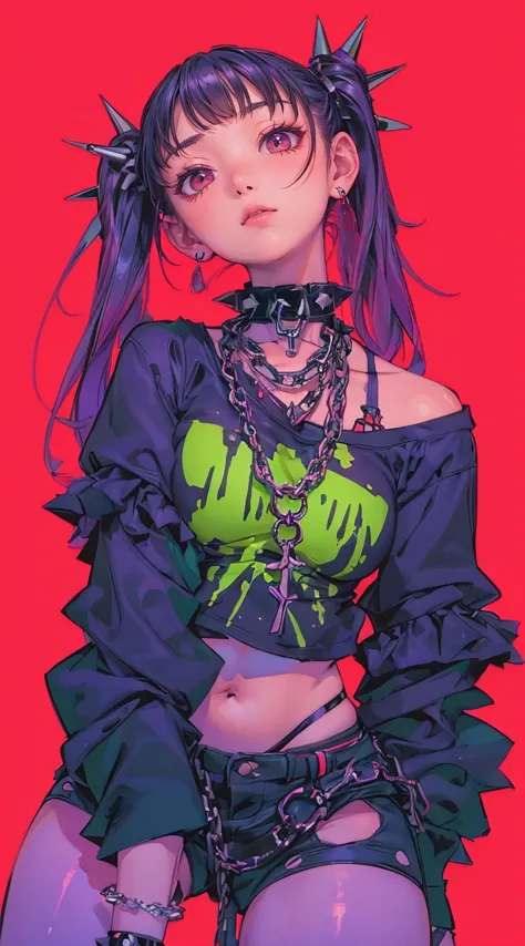 (best quality, masterpiece, ultra-detailed, 32k:1.2), simple lines, anime style, pastel goth punkgirl, perfect body, ((huge breasts)), wide hips, choker, chains, spikes, dark background, vibrant