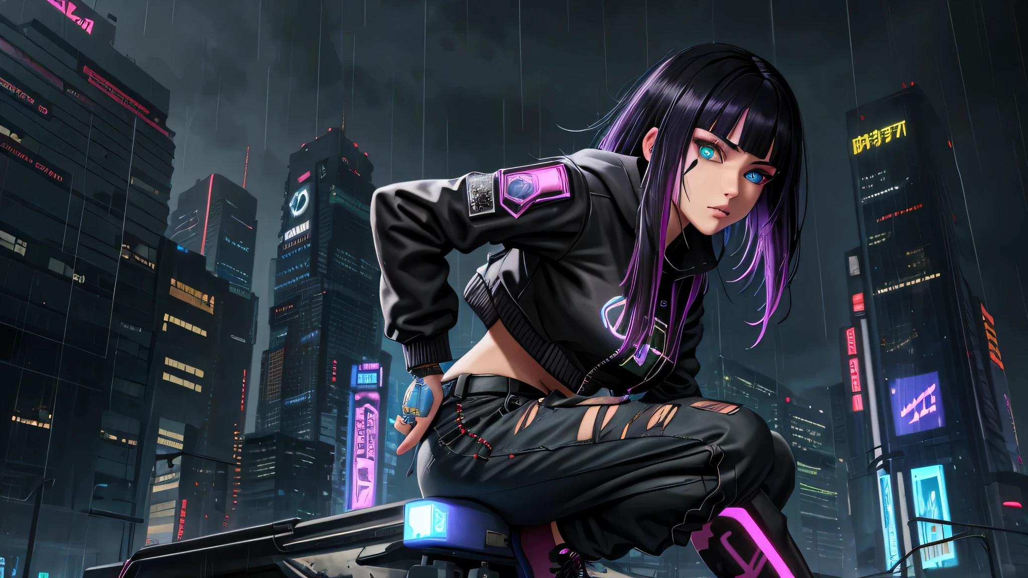 better quality, masterpiece, cinematic, realist, cyberpunk, Cyberpunk city, Neon lamps, volumetric lighting, Black Sky, (rain, Storm), ""identical character Hinata from the anime Boruto"" perfect facial details in eyes and face in high quality, everything is very detailed (cyberpunk одежда, sweatshirt, trousers, Punk Clothing), water reflects off the ground, ((hidden face)), close-up, (torn clothes), bubble butt,