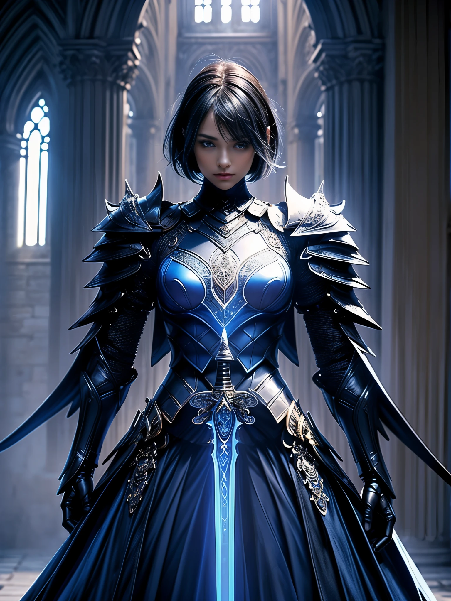 (((Best Quality))), ((Ultra-detailed)), (extremely detailed photo), ((extremely delicate and beautiful)),(Cute delicate face), ((masterpiece)), perfect anatomy, intricate, (highly detailed), masterpiece, photorealistic, (Tall and cool 20 year old boyish girl),(blue and black armor:1.3), ((Castle ruins)) ,(upper body),(holding glowing sword),alone,(black hair and short hair),(dynamic pose), looking at viewer, double eyelid,delicate skin,slender body shape,small breast