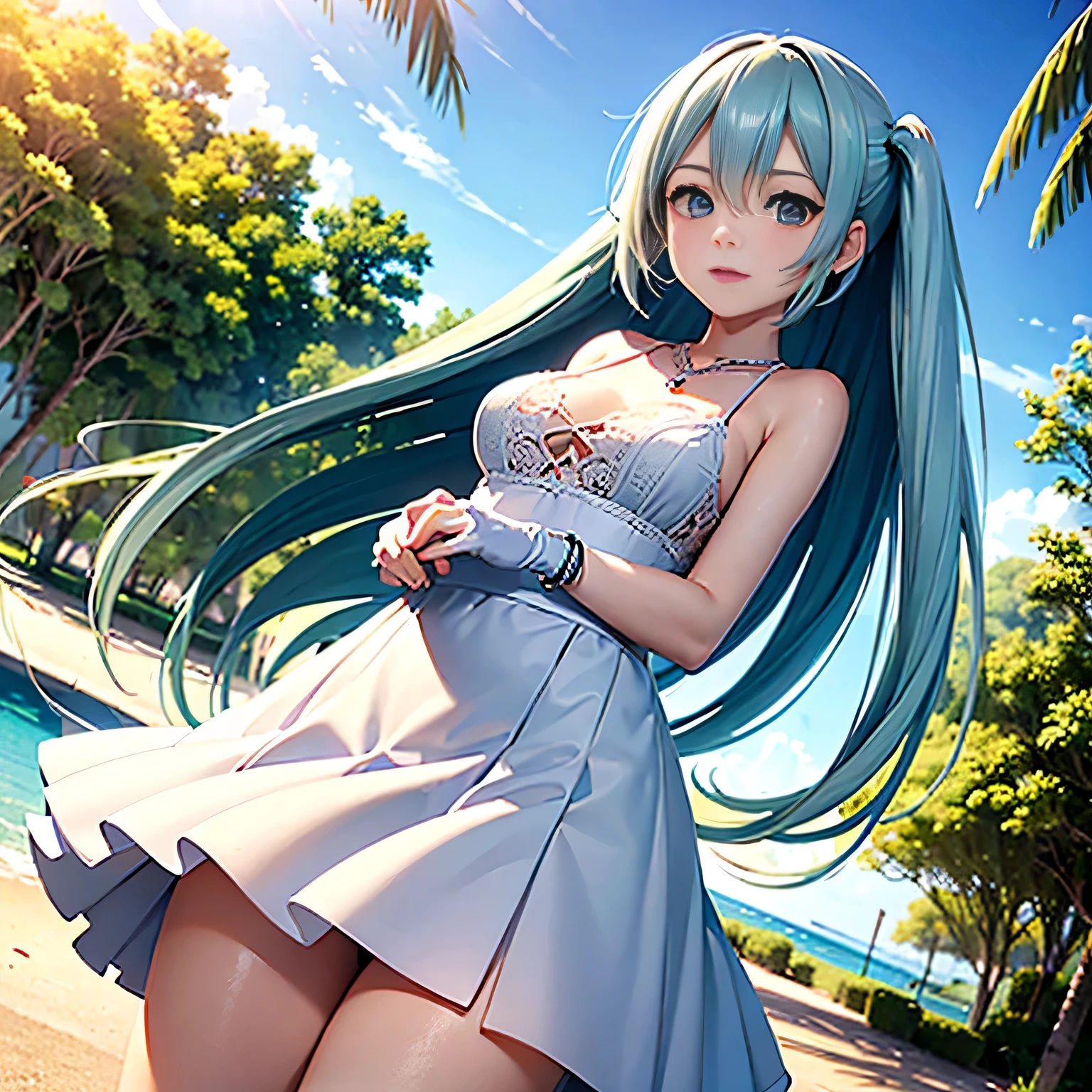 Low - Angle,from below,very the wind is strong,skirt lift,panty shot
(1 girl), ((masterpiece, highest resolution,highest quality)), (beautiful illustrations),(Beautiful medium-long silver-green hair),(beautiful blue eyes), (White elegant see-through camisole), (looking at the viewer),
 innocent smile, white over knee high,lace chalk, Wristband, fingerless gloves, over knee high,
lace chalk, diamond necklace,Wristband, fingerless gloves, earrings, the wind is strong,cinematic lighting, beach, sand, blue sky, Wave, Palm tree,