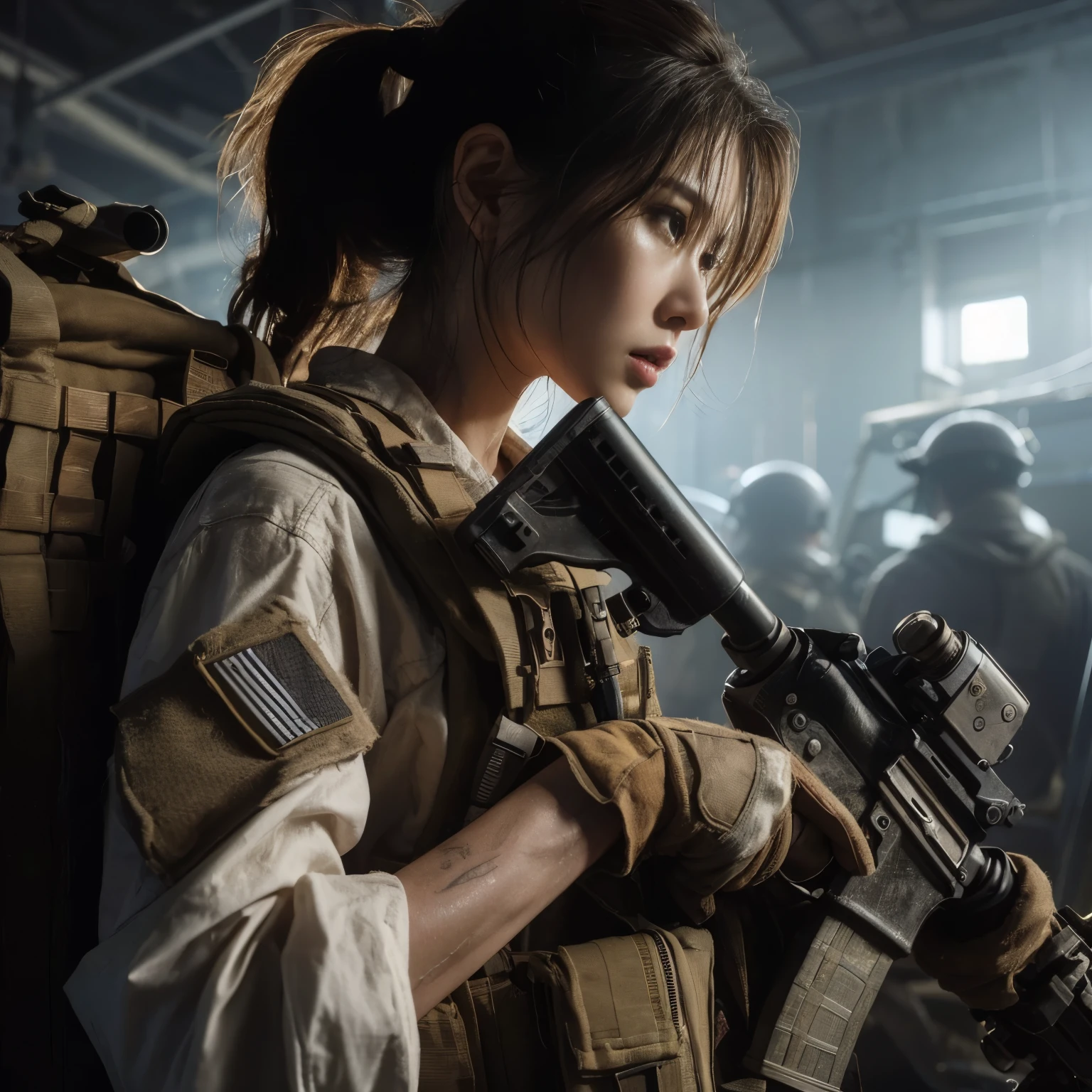 ８K,realistic photo、realistic skin texture、A beautiful Japanese woman belonging to the American military is in an abandoned factory that is no longer in use.、The roof collapses and light shines in、Dust is flying、A large machine placed casually is broken.、bulletproof vest、Holding an automatic rifle、with caution、Backpack、wearing a baseball cap、It is dirty、tattoo、moving action pose、muscle、dramatic composition、Zoom out