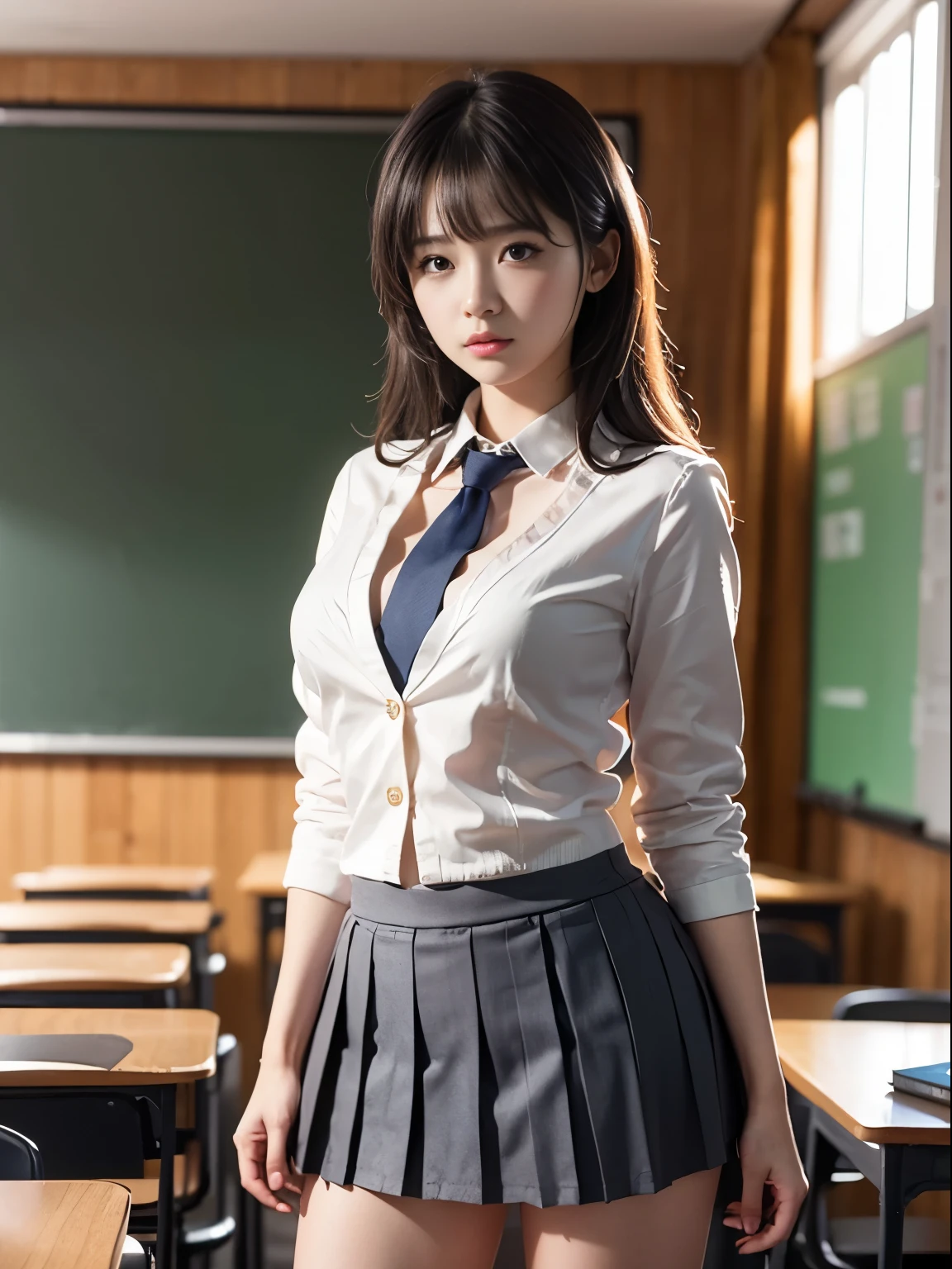 one young girl, blazer、、uniform、8k wallpaper, professional photography, realistic portrait, cinematic light, bangs, shortcut、(expensive , pleated mini skirt:1.3), School, classroom, (get used to it: 1.4), 3D, HDR (high dynamic range), ray tracing, NVIDIA RTX, super resolution, Scattered under the surface, PBR texture, Post-processing, anisotropic filtering, Depth of written boundary, maximum sharpness and sharpness, multilayer texture, Albedo and Highlight Mapping, surface shading, Accurate simulation of light-matter interactions, perfect proportions, octane rendering, surreal、Photographed with Canon EOS R5、50MM lens、f / 2.8