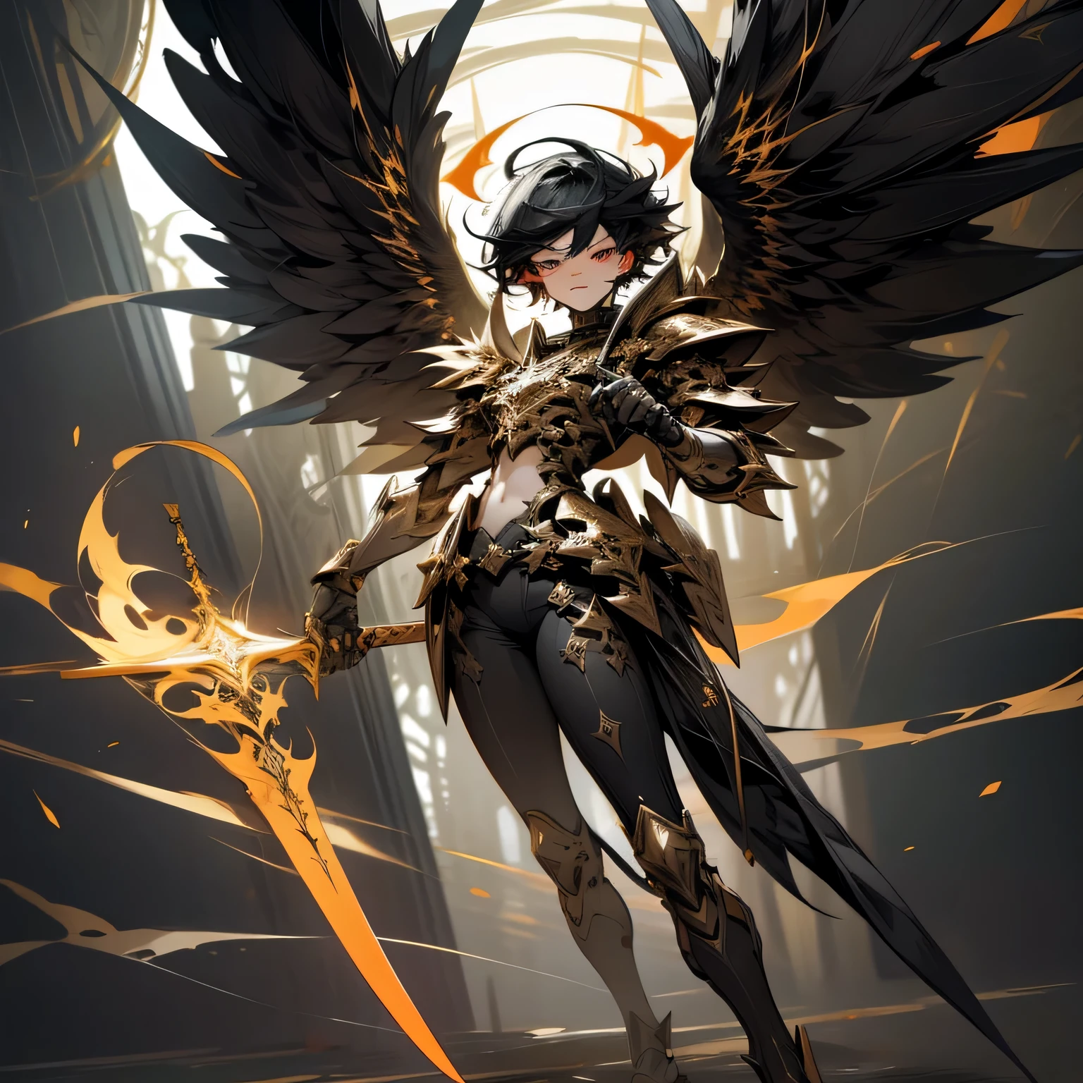 Fallen Angel,male people,ember,Short black hair,large black wings on the back,cool expression,Glaring,Holding a large sword with flame effect in his left hand,Black Armor,full body Esbian,Bold poses,high-level image quality,hight resolution,8K,Fantasia,piercings,Plenty of detail,Final Quality,Fractal Art,​masterpiece,realisitic,