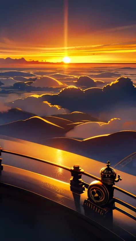 steampunkai。Viewing the sea of clouds from the handrail of the outer path of the floating city。aerial perspective。The background...