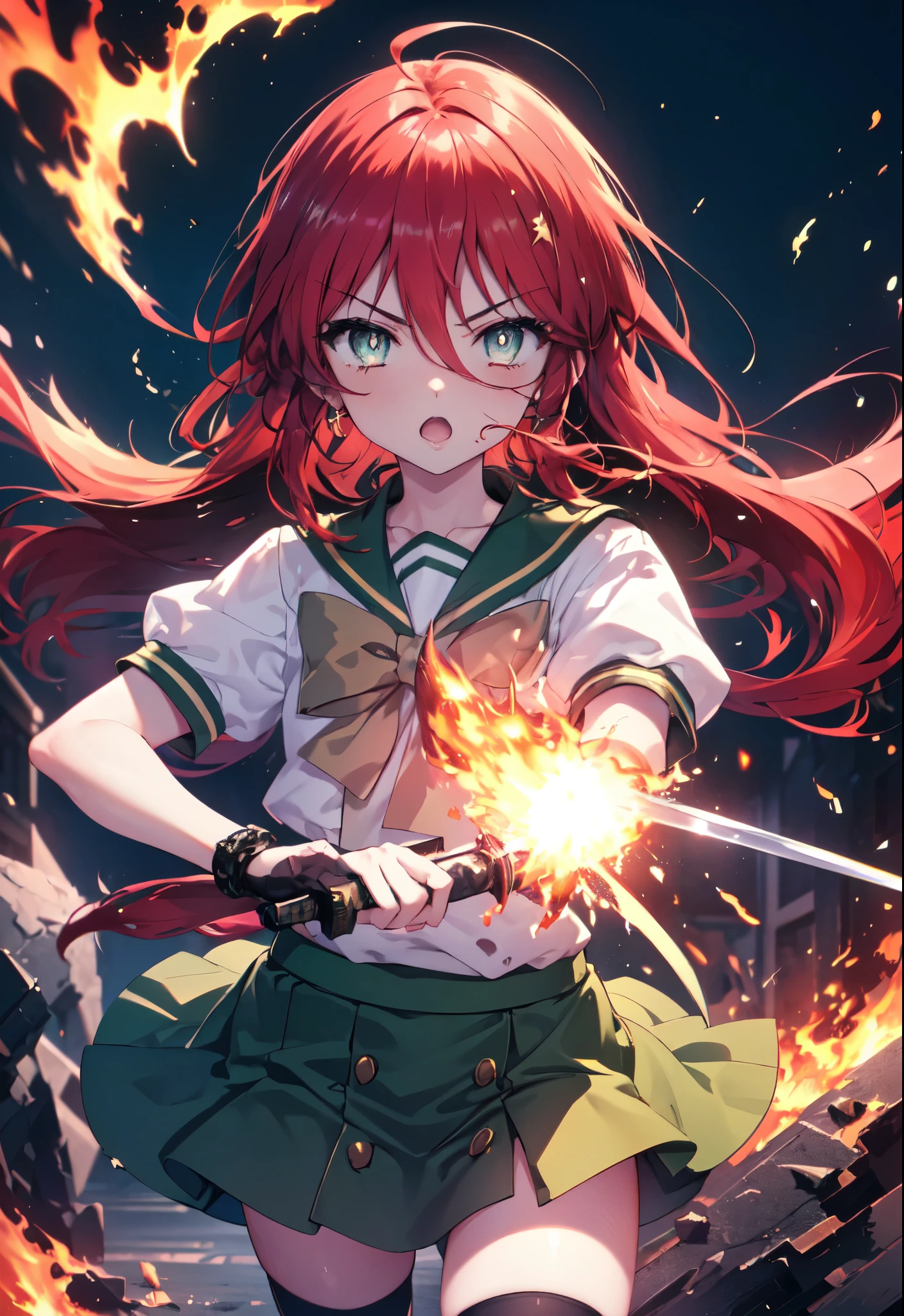 1 girl, cowboy shot, rubble ruins, anger, (battle preparation:1.2), open your mouth, (night:1.2), explosive inflammation,shana, red eyes, redhead, very long hair, hair between eyes, (Ahoge:1.1), , , serafuku, white shirt, short sleeve, green skirt, Thighhighs, Black Rider Suit,Grasp the grip of a Japanese sword engulfed in flames with both hands.。.,highest quality, (masterpiece:1.2), highest quality, High resolution, unity 8k wallpaper, (shape:0.8), (beautiful and detailed eyes:1.6), highly detailed face, perfect lighting, Very detailed CG, (perfect hands, perfect anatomy),