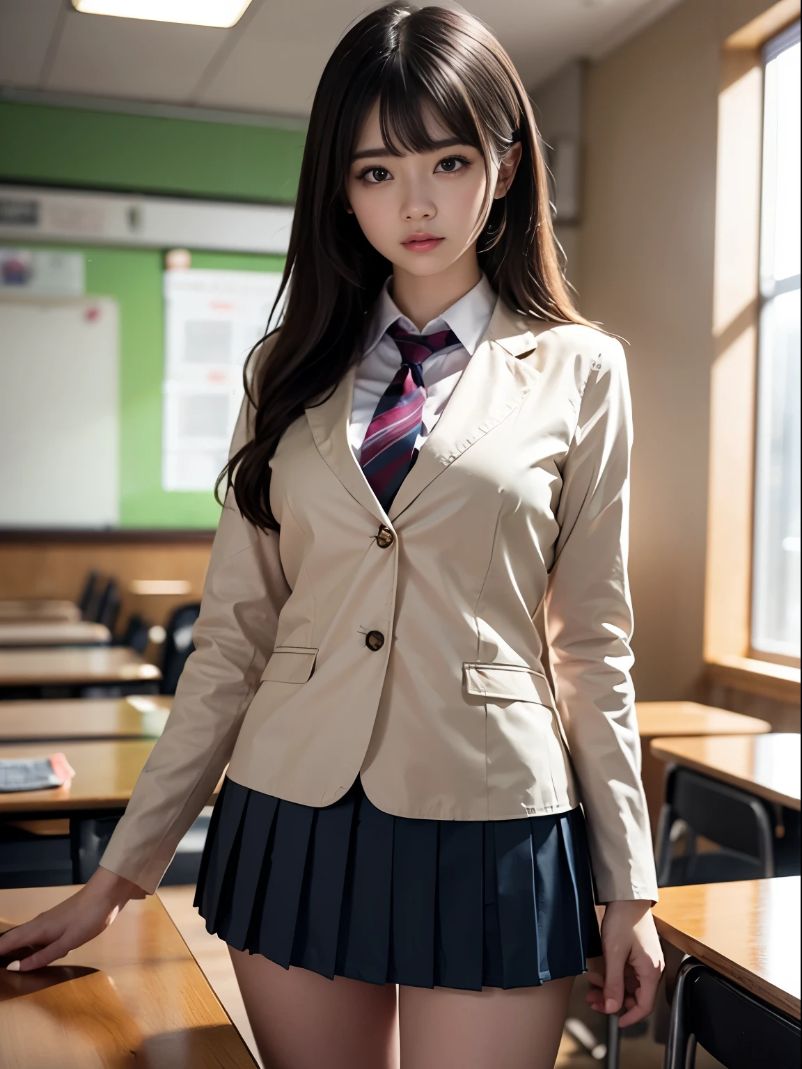 one young girl, blazer、、uniform、8k wallpaper, professional photography, realistic portrait, cinematic light, bangs, shortcut、(expensive , pleated mini skirt:1.3), School, classroom, (get used to it: 1.4), 3D, HDR (high dynamic range), ray tracing, NVIDIA RTX, super resolution, Scattered under the surface, PBR texture, Post-processing, anisotropic filtering, Depth of written boundary, maximum sharpness and sharpness, multilayer texture, Albedo and Highlight Mapping, surface shading, Accurate simulation of light-matter interactions, perfect proportions, octane rendering, surreal、Photographed with Canon EOS R5、50MM lens、f / 2.8