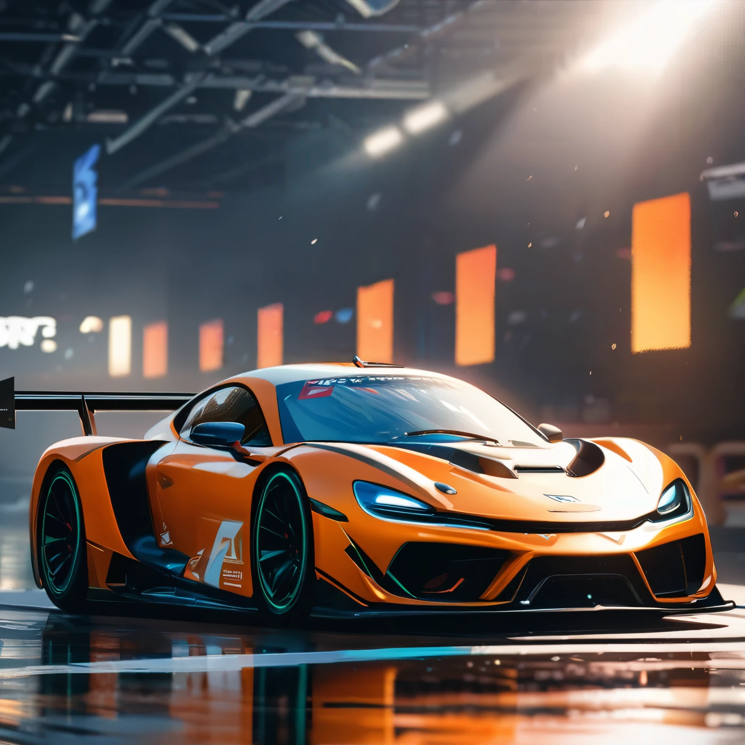 (best quality,8k,highres, masterpiece:1.2), ultra-detailed, HDR, UHD, studio lighting, ultra-fine painting, sharp focus, physically-based rendering, extreme detail description, vivid colors, professional, bokeh, portraits, concept artists, warm color palette, dramatic lighting,1 racing car,speedy, vivid coloring racing car,anime style,distant view,Driving at breakneck speed on the circuit, sunlight reflecting off the windshield,side view,