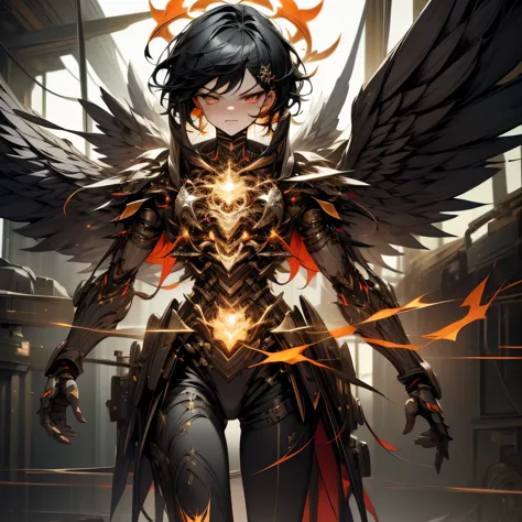 fallen angel,male people,ember,short black hair, mask, large black wings on the back,cool expression,glaring,holding a large swo...