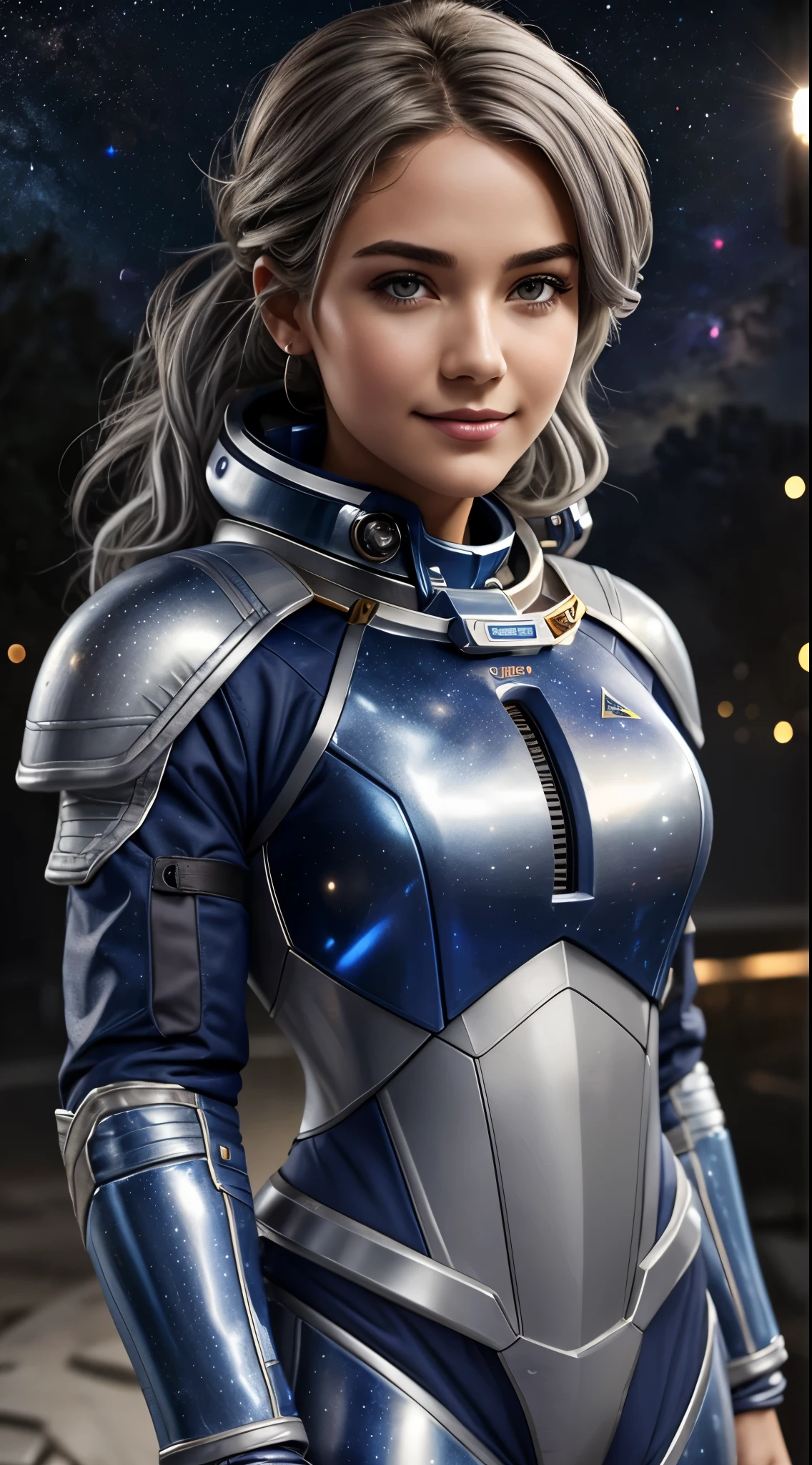 Best Quality, Ultra High Resolution, (Realism: 1.4), Depth of Field, Beautiful Face, (PureErosFace_V1: 0.8), Halfbody, | | 1girl, medium chest, (gray hair: 1.3), innocent smile, natural makeup, | | | Model pose, | | (Spacesuit: 1.3), (Blue Armor: 1.3), Exquisite Design, | | Space Background, Stars_(Sky), Moonlight, Night, | |