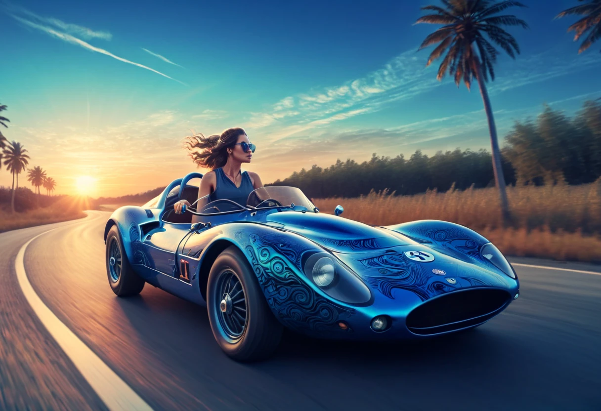 (best quality, highres), Marija,stunning and magical woman driving a mgical old racing car, magical sunset, vaporwave old school racing car, on the road, speed,  in blue tones, zentangle, 3d crunch, cinematic,