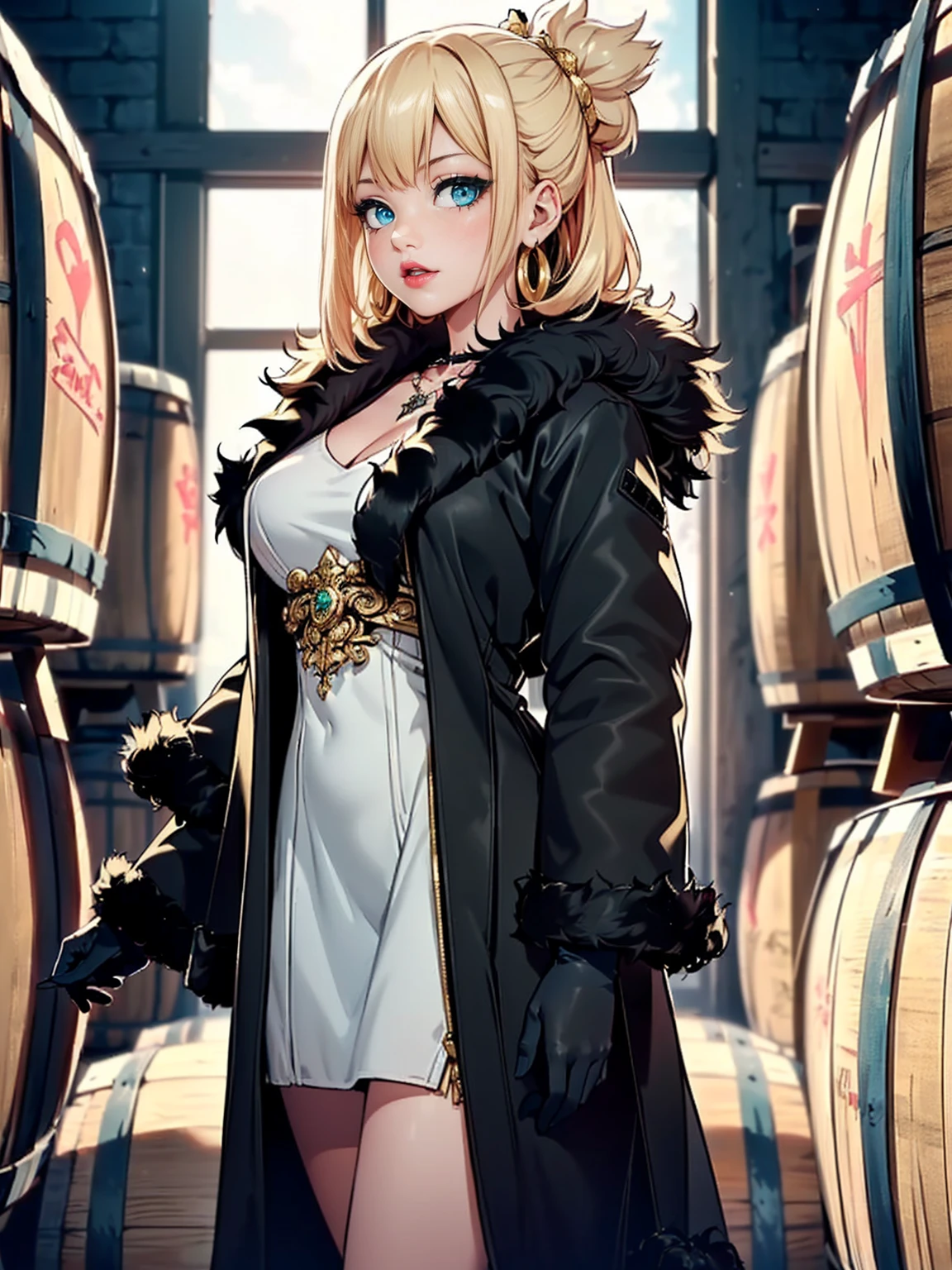 ((1woman, (solo, 1girl, alone), kohaku, blonde hair, blue eyes, tied hair)), smug, ((solo, (1woman, pink lipstick), Extremely detailed, ambient soft lighting, 4k, perfect eyes, a perfect face, perfect lighting, a 1girl)), austere, ((white dress, ornate long dress, dark green dress)), sexy red dress)), (((black fur coat:1.4), (ornate dress, turquoise dress))), gold bracelet, winery,wine barrels backgroudn, standing on a barrel, sexy pose)), gloves, gold bracelets, amethyst necklace, hoop earrings))