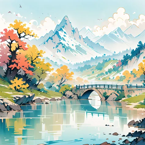 a painting of a river，in the background is a bridge and mountains