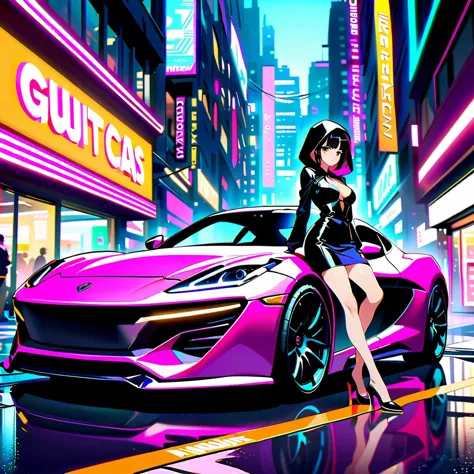 Cyberpunk City Night，A shapely anime girl sits on the hood of a stylish sports car。she wears high fashion，Wear unique high heels...