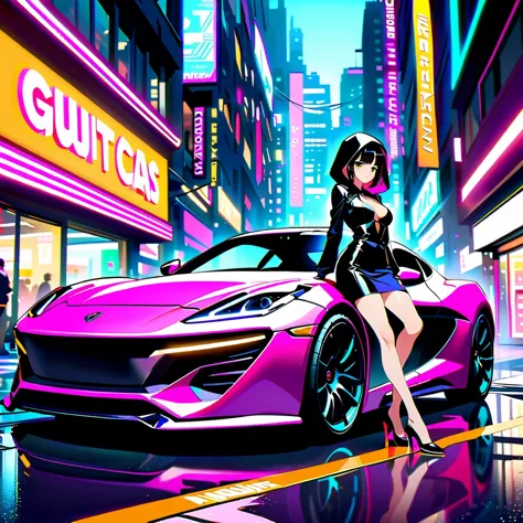 cyberpunk city night，a shapely anime girl sits on the hood of a stylish sports car。she wears high fashion，wear unique high heels...