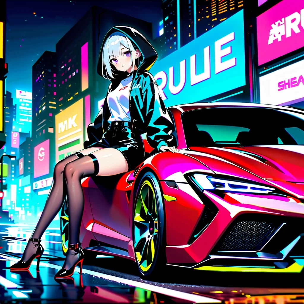 Cyberpunk City Night，A shapely anime girl sits on the hood of a stylish sports car。she wears high fashion，Wear unique high heels，匹配未来car的风格。car&#39;Stylish hood reflects vibrant neon lights，Charming scenes are created。Composition follows the rule of thirds，The girl is on the side，Put the sports car on the other side，maintain visual balance。Neon lights and architectural lines guide the viewer’s eye，Emphasize that girls are the focus。This work of art is a true masterpiece，Show the beauty and charm of the cyberpunk world with exquisite 4k details。