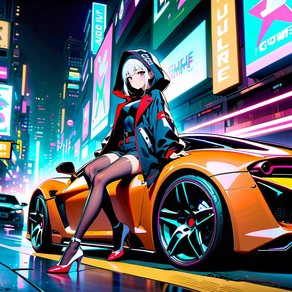 사이버펑크 시티 나이트，A shapely anime girl sits on the hood of a stylish sports 자동차。그녀는 하이 패션을 입는다，독특한 하이힐을 신으세요，匹配未来자동차的风格。자동차&#39;생동감 넘치는 네온 불빛을 반사하는 세련된 후드，매력적인 장면이 연출됩니다。구성은 3분의 1의 법칙을 따릅니다.，여자는 옆에 있어，Put the sports 자동차 on the other side，시각적 균형 유지。네온 불빛과 건축학적 선이 보는 사람의 시선을 안내합니다，여자가 중심이라는 점을 강조。이 예술 작품은 진정한 걸작입니다，절묘한 4K 디테일로 사이버펑크 세계의 아름다움과 매력을 보여주세요。