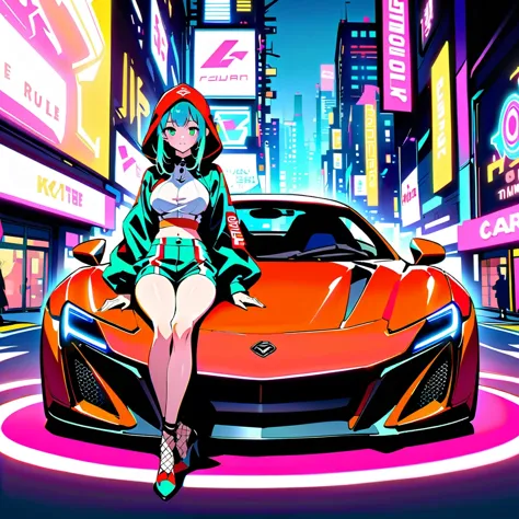 cyberpunk city night，a shapely anime girl sits on the hood of a stylish sports car。she wears high fashion，wear unique high heels...