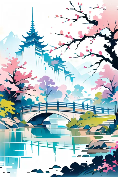 a painting of a river with a bridge and pagodas in the background and trees in blooming with pink flowers