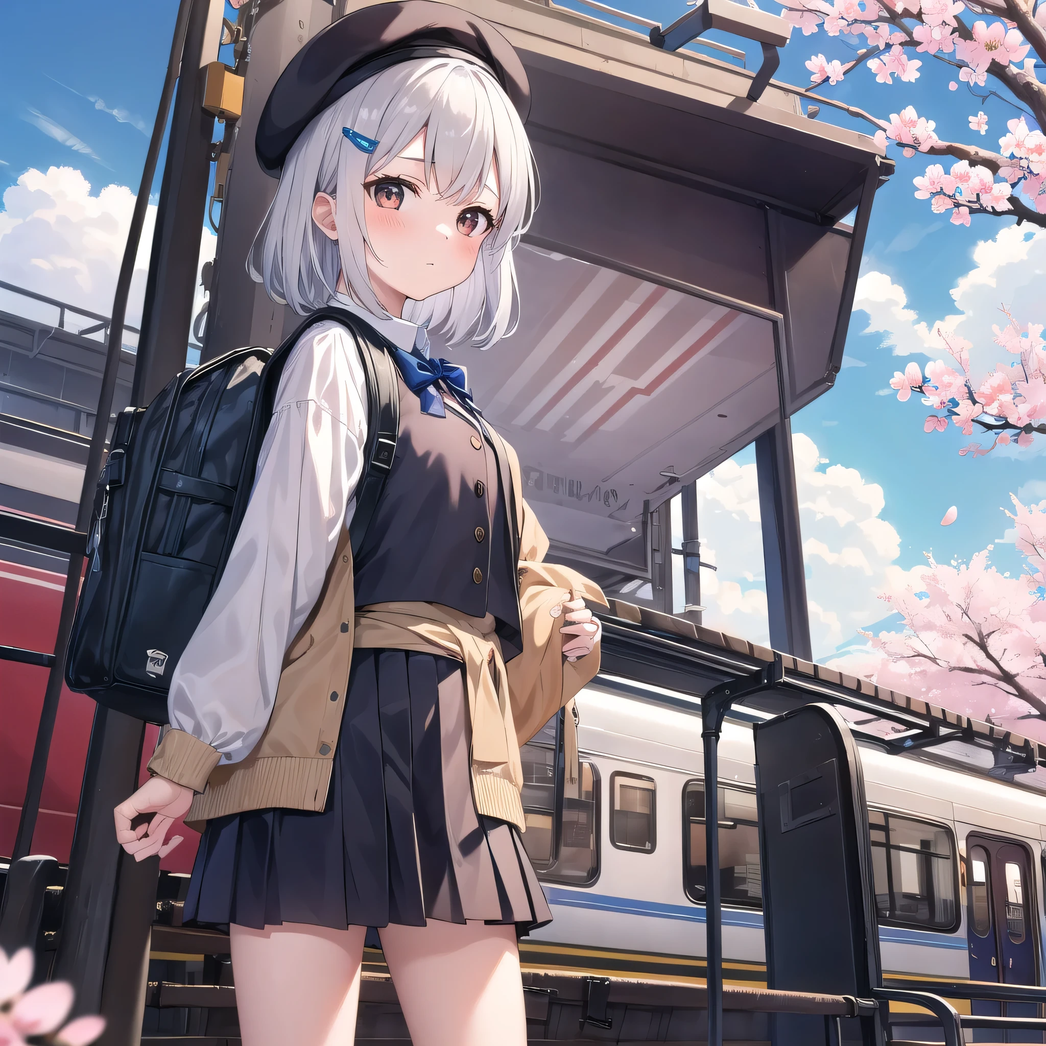 1 girl, alone, looking at the viewer, blush, bangs, skirt, gray hair, shirt, hair ornaments, long sleeve, have, brown eyes, closed mouth, Are standing, white shirt, flower, pleated skirt, outdoor, null, Day, hair clip, collared shirt, cloud, hair flower, black skirt, bag, vest, wood, blue null, flowerびら, black hat, beret, Backpack, cherry blossoms, ground vehicle, pink flower, retention strap, train, train station, Railway tracks