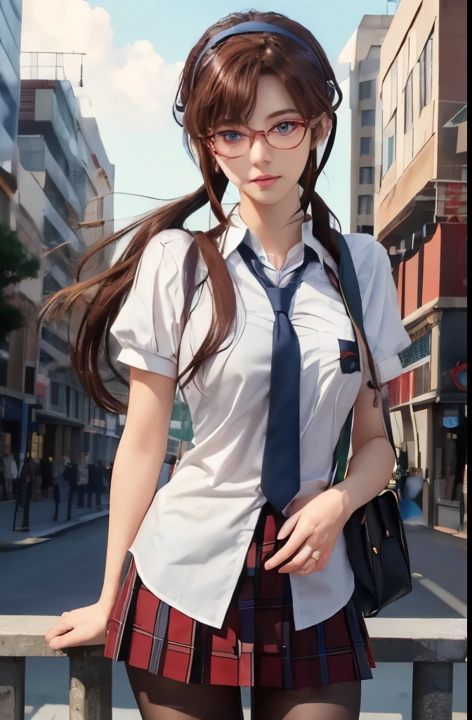 marimakinami, Mari Makinami, blue big eyes, brown hair, thick red rimmed glasses, big breasts、chest bulge、head band, twin tails, break dress shirt, pantyhose, plaid, plaid skirt, , shirt, skirt, break outdoors, city, break looking at viewer, break (masterpiece:1.2), highest quality, High resolution, unity 8k wallpaper, (figure:0.8), (detailed and beautiful eyes:1.6), highly detailed face, perfect lighting, Very detailed CG, (perfect hands, perfect anatomy),