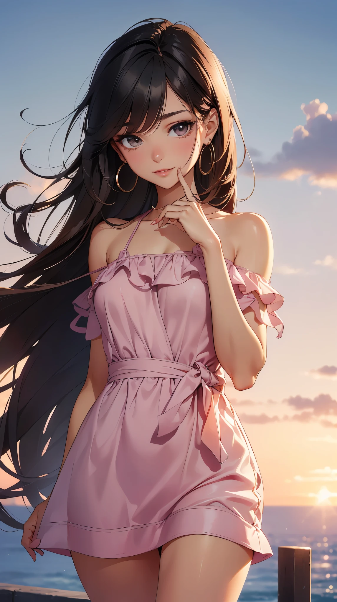 concept:beautiful woman portrait. quality:(最高quality, 4k, 8k, High resolution, masterpiece:1.2), Super detailed, (real, photorealistic:1.37). lighting effects:cinematic light, Bright colors and mesmerizing effects, Soft and delicate lighting, gentle shine, Lens flare, Beautiful and gentle atmosphere throughout the scene. Subject information:alone, ((young woman)), (round eyes), (small face), (high detail skin:1.2), long eyelashes, glossy lips, (black hair mixed with brown hair, long straight hair, reddish brown eyes), (slim body shape), (beautiful breasts), Highly detailed face and skin texture, (happy expression), ((facing the front:1.2)), (upper glance:1.5, photo shootのためポーズをとる), ((Spring-like pastel colored dress, Spring color dress, beautiful thighs)), (((Clothes that bring out your beauty, beautiful body line, seductive thighs))). Other details:night time:1.5, standing pose:1.2, beautiful skin, shiny skin, perfect fingers, five fingers, anatomically correct, background bokeh, 300㎜, f/4, photo shoot.