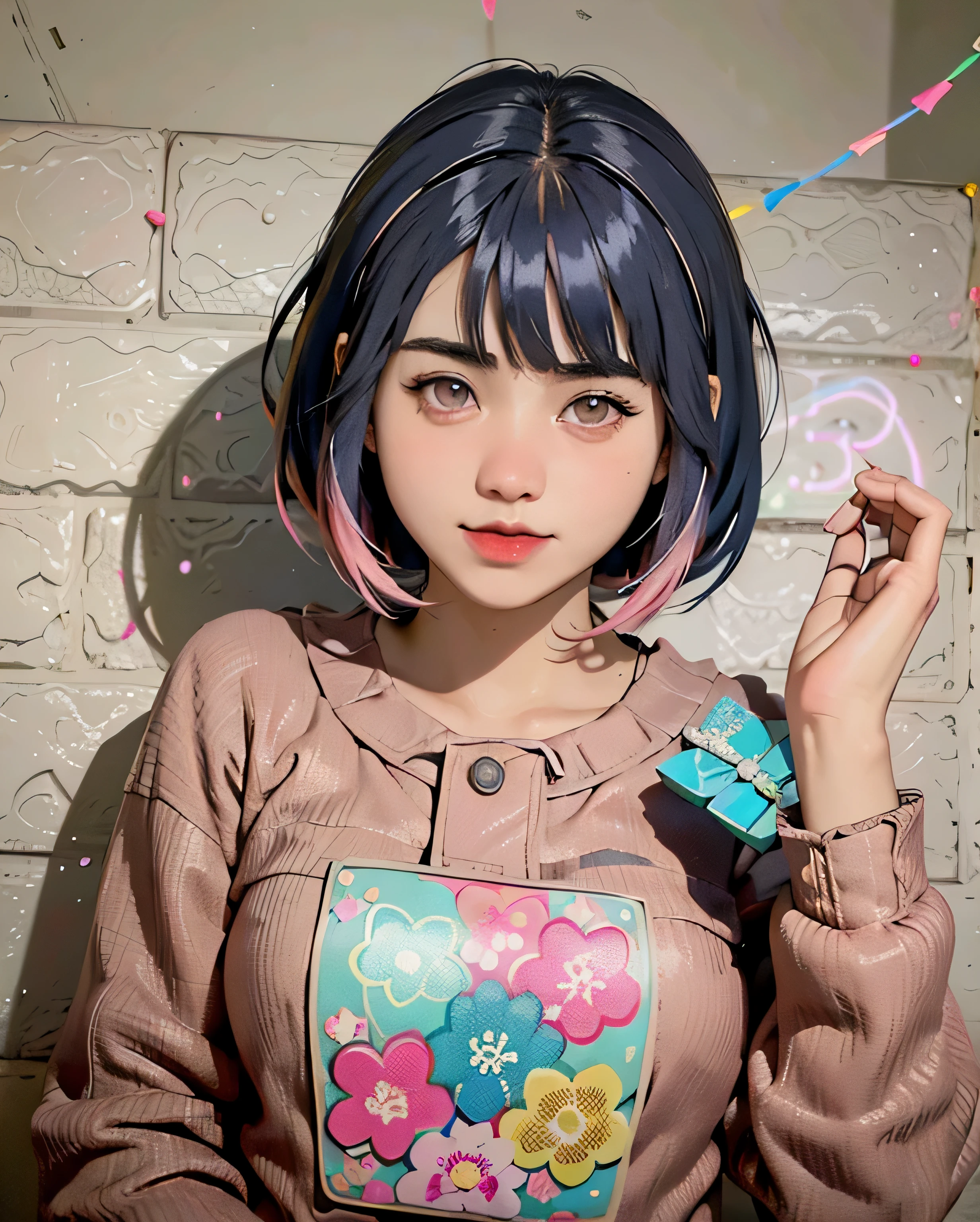 (masterpiece, top quality, best quality, official art, beautiful and aesthetic:1.2), (photoreal:1.5), BREAK 1 girl with a bunch of candy and a candy machine in her hand and a pink background with stars, upper body,smiling break Alice Prin, photo, a detailed painting, pop surrealism, (neon color hair:1.5),strong wind,giant marshmallow candy machine break needlework, intricate designs, textile art, handmade details, creative expression, colorful threads, cyberpunk, neo-dada BREAK, Blunt Bangs, purple eyes, long dark blue hair