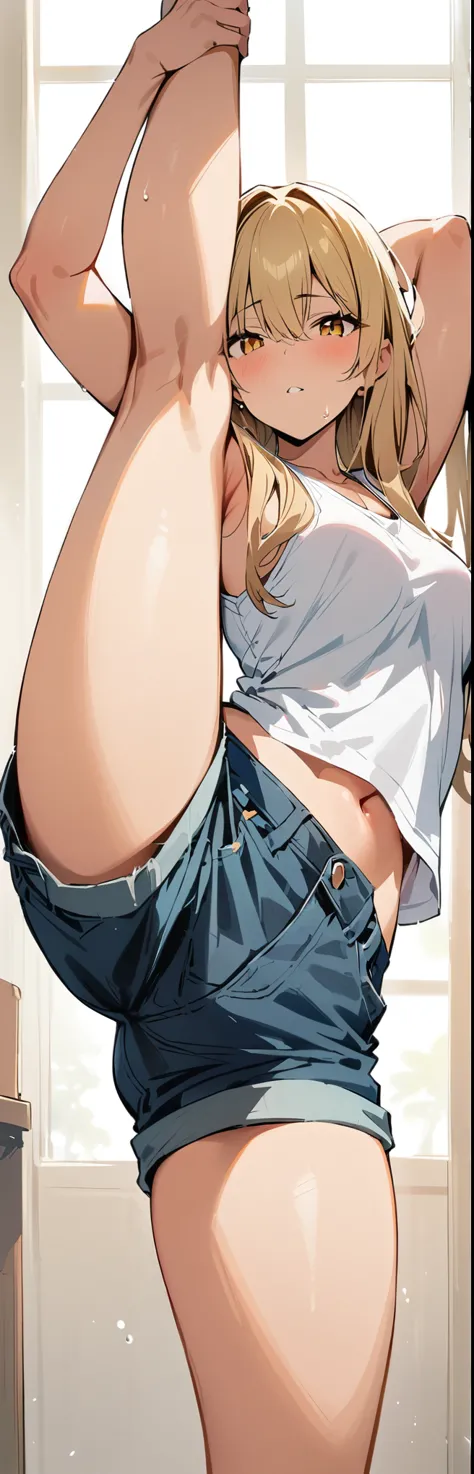 (masterpiece, best quality:1.2), 1girl, solo,standing_split, 
long hair, White sleeveless tank top，blue denim shorts