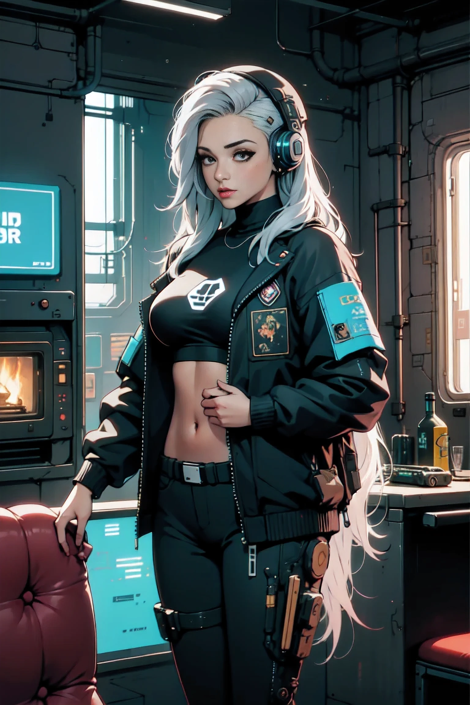 Beautiful woman with long hair, cyberpunk ,living room