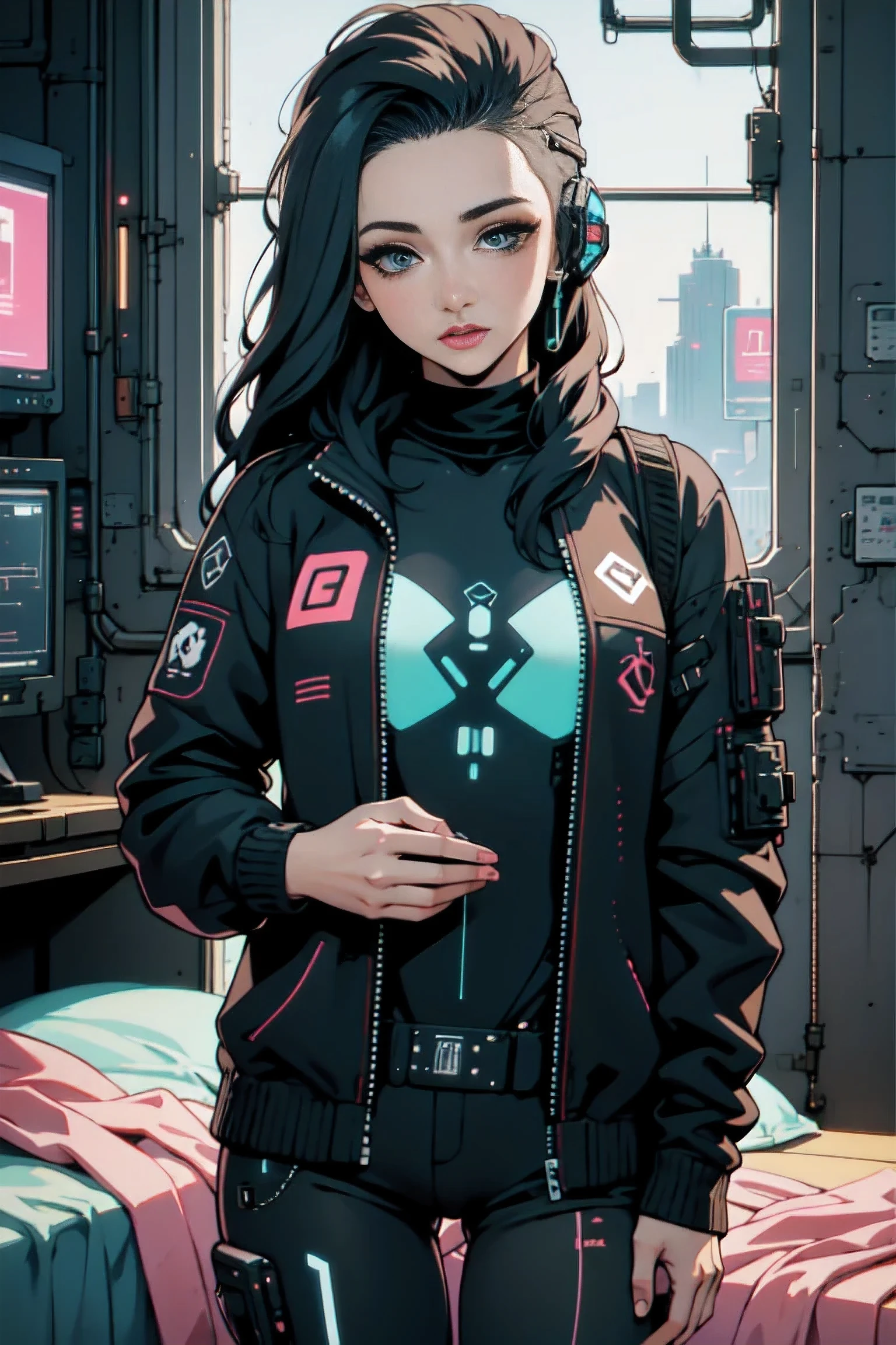 Beautiful woman with long hair, cyberpunk ,bedroom