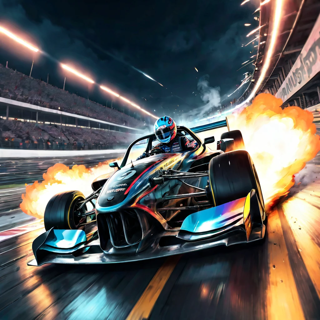 Racing Car, aesthetic, extremely detailed,(best quality,4k,8k,highres,masterpiece:1.2),ultra-detailed,(realistic,photorealistic,photo-realistic:1.37),fast-paced,racing car,vibrant colors,screeching tires,blurred motion,exciting race,adrenaline rush,dynamic composition,shiny metallic body,extreme speed,high-performance engine,detailed interior,carbon fiber chassis,wide racing tires,aerodynamic design,fierce competition,race track,spectators cheering,loud engine roars,driver in racing suit,steering wheel,checkered flag,winner's trophy,smoke from burning tires,high-speed action,thrilling overtakes,dramatic lighting,high-octane atmosphere,sparkling reflections,racing helmet and goggles,skilled drivers,breathtaking moments,fast and furious,explosive start,precision driving,slick racing livery