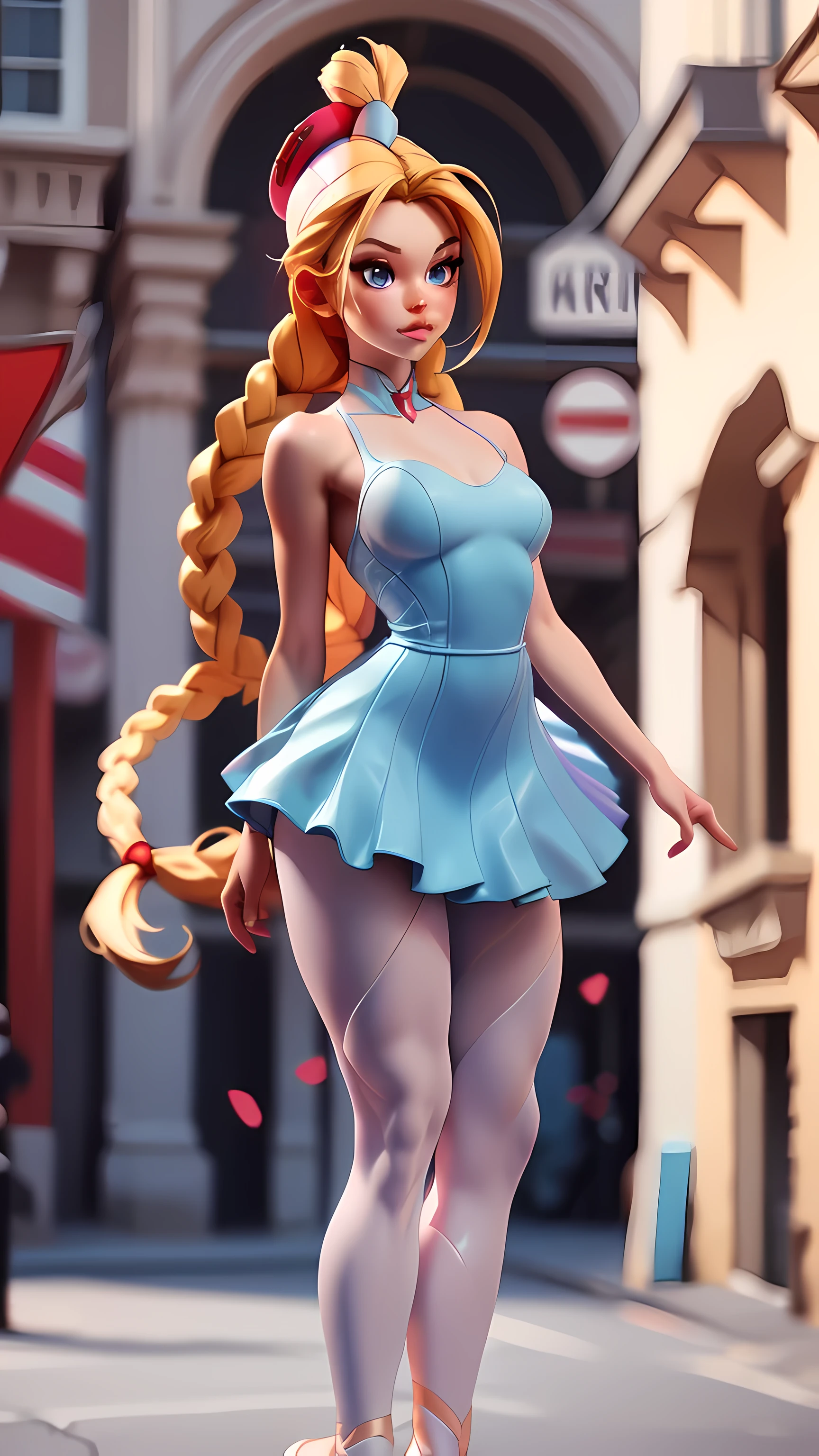 full body, masterpiece, best quality, highres, 1girl, cammy white, twin braids, long hair, blonde hair, antenna hair, (red headwear:1.3), blue eyes, scar on cheek, (((ballerina dress))), large boob 36 DD, standing, outdoors, arms at sides, straight-on,