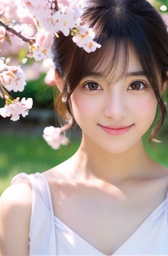 highest quality, masterpiece, ultra high resolution, (realistic:1.4), Raw photo, 1 girl, white cutter shirt,  flower garden, glowing skin, 軽いsmilemasterpiece、8K、Japanese、25 years old、table top、Raw photo、wonderful、highest quality、realistic、very detailed CG 統合 8k 壁紙、high quality soft lighting、、very detailed、narrative poem、particle effects、dynamic effects、Depth of the bounds written、cinematic light、Lens flare、ray tracing)、fantasy、 (1 beautiful woman、white cherry blossom pattern、black haired、beautiful face、real face、Beautiful eyes in every detail、beautiful skin)、hair bounces、pink cherry tree、petals dance、SakuraFubuki、Spectacular view、sunrise、sun on background、vast land、chest emphasis pose、cute、white shirt、shiny skin、looking at the viewer、smile
