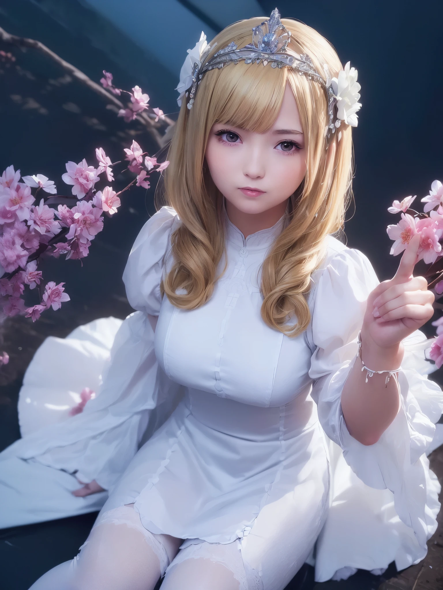 ((masterpiece)), ((highest quality)), ((super detailed)),  (highly detailed face)、(very well-groomed face) , 1 girl, blonde hair, long hair, looking at the viewer, Princess, white Princess dress, tiara, smile, open your mouth, outdoors, flower garden, ((petal)), long sleeve, long dress, face focus, From above, white stockings, dynamic angle, dynamic pose,
