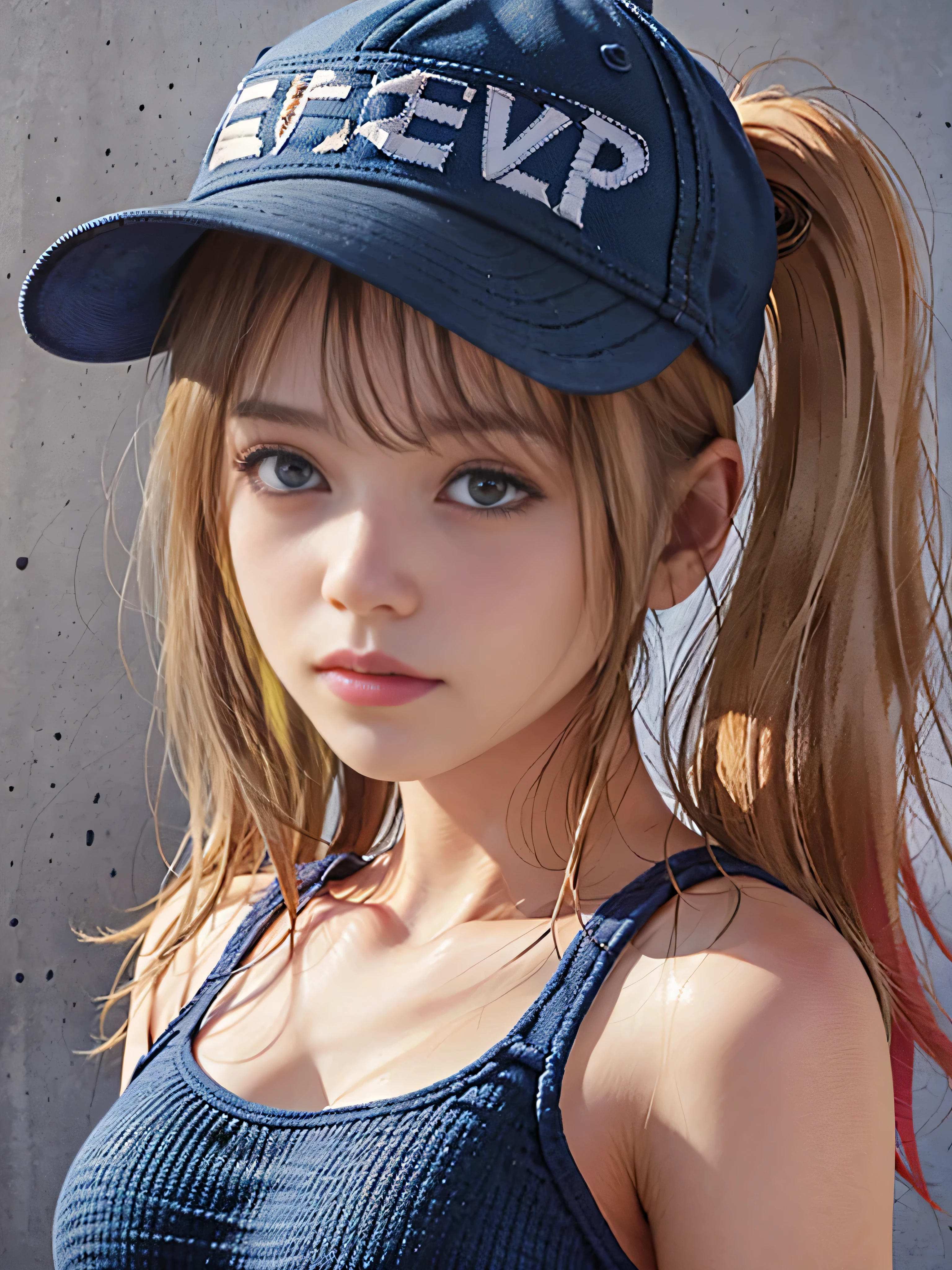 (((RAW image quality:1.4))), 1 girl, terry bogard girl, blonde hair, ponytail, blue eyes, baseball cap, focus of the eye, (highest quality), (masterpiece:1.2), (realistic), (Super detailed), (fine eyes:1.2), (detailed face:1.2), (realism:1.2), (super high quality), (Complex), (85mm), particles of light, lit, (very detailed:1.2), (Gradation), colorful, software, dawn, alone