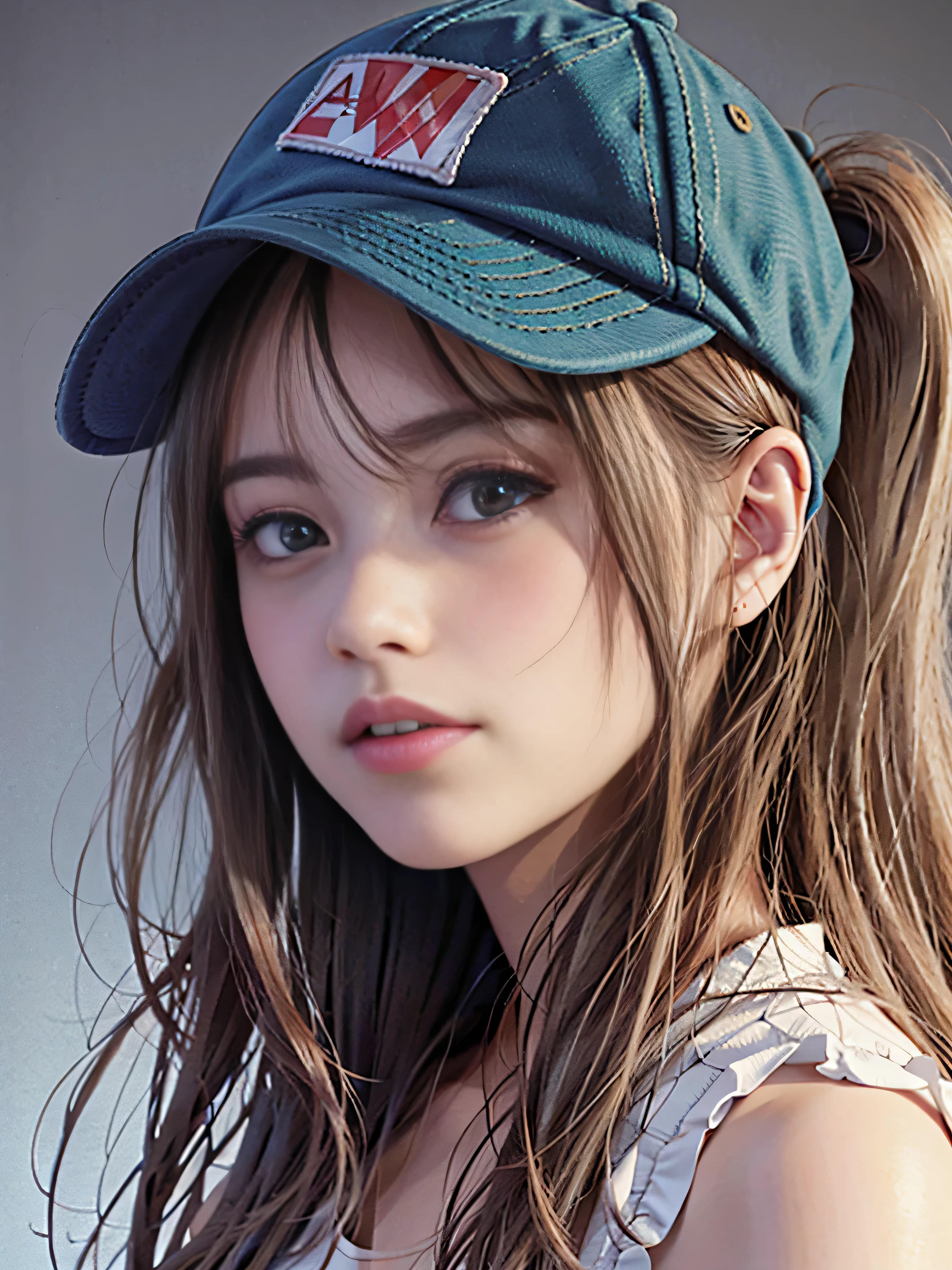 (((RAW image quality:1.4))), 1 girl, terry bogard girl, blonde hair, ponytail, blue eyes, baseball cap, focus of the eye, (highest quality), (masterpiece:1.2), (realistic), (Super detailed), (fine eyes:1.2), (detailed face:1.2), (realism:1.2), (super high quality), (Complex), (85mm), particles of light, lit, (very detailed:1.2), (Gradation), colorful, software, dawn, alone